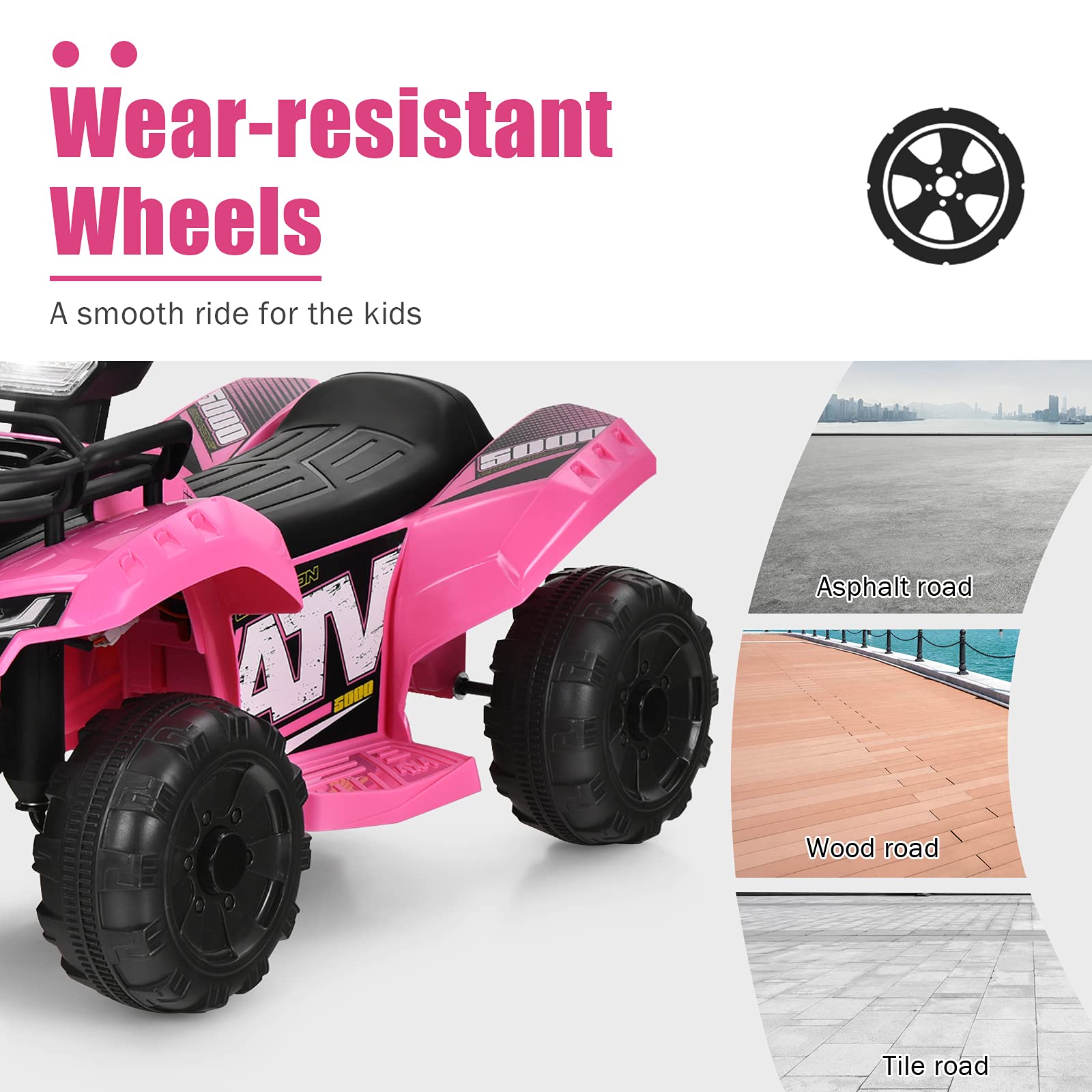 Costzon 6V Kids Electric ATV Quad with Storage Basket, Headlight, Horn & Music - Pink Ride-On Toy Car for Toddlers 18-36 Months | MP3/USB Player | Outdoor & Indoor Play for Boys & Girls