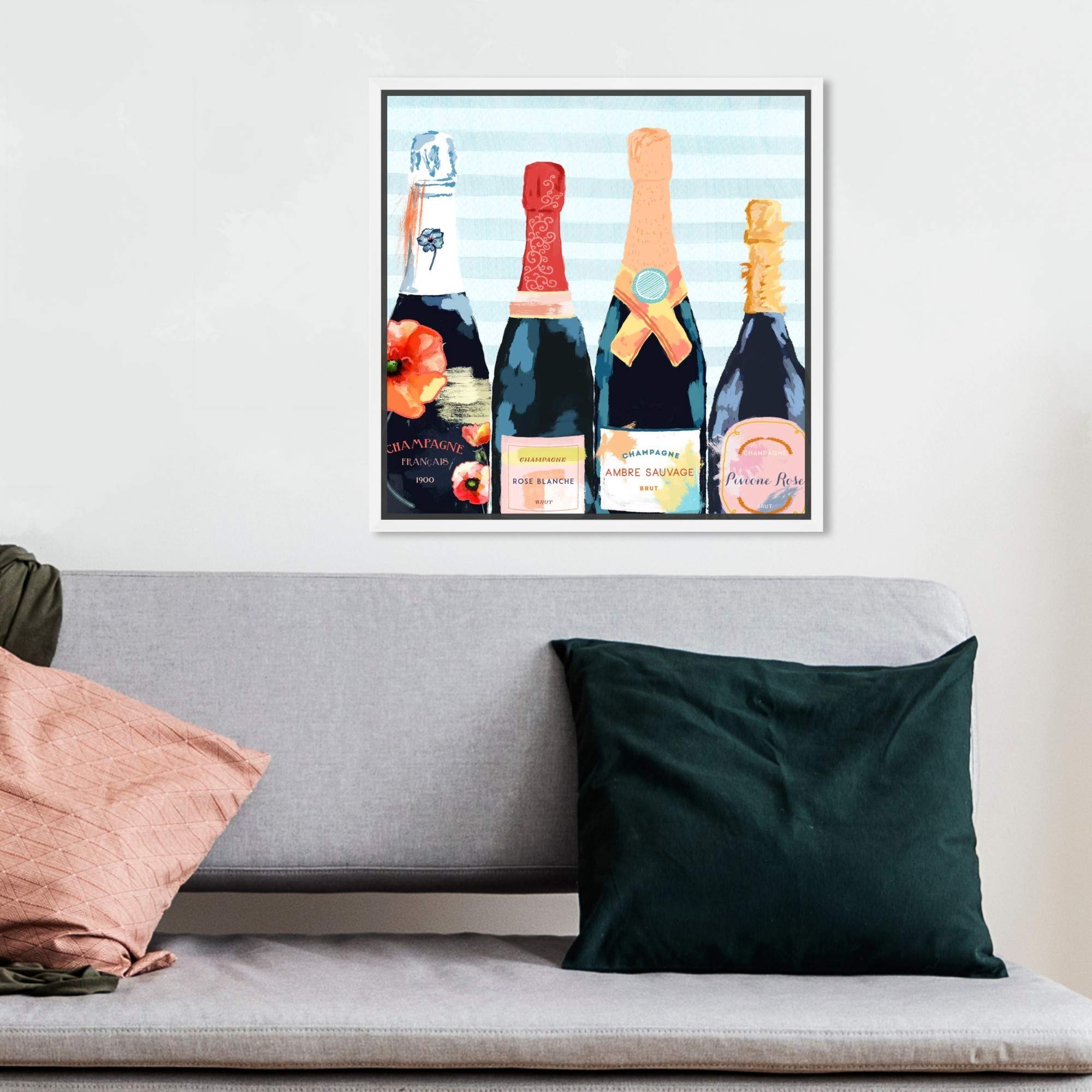 Oliver Gal Artist Co. - Blue & Orange Champagne Floral Framed Wall Art Canvas Print | 12x12 Inches | Modern Home Decor for Dining Room, Bar, Kitchen | Perfect Gift for Wine & Cocktail Lovers