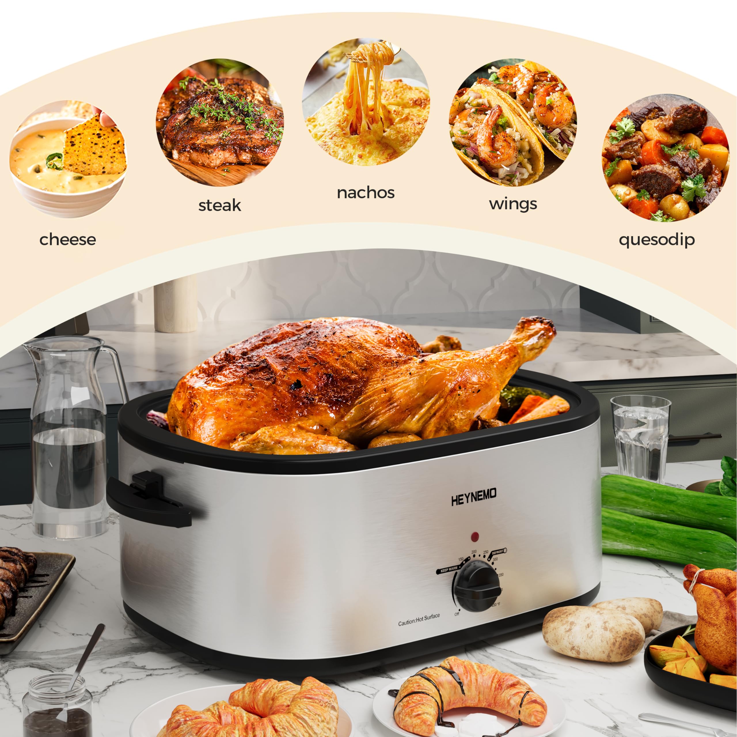 26 Quart Stainless Steel Electric Roaster Oven with Visible Self-Basting Lid, Adjustable Temperature & Defrost Warm Function, Removable Pan Rack for Large Turkey Roasting, Perfect for Holidays & Family Gatherings