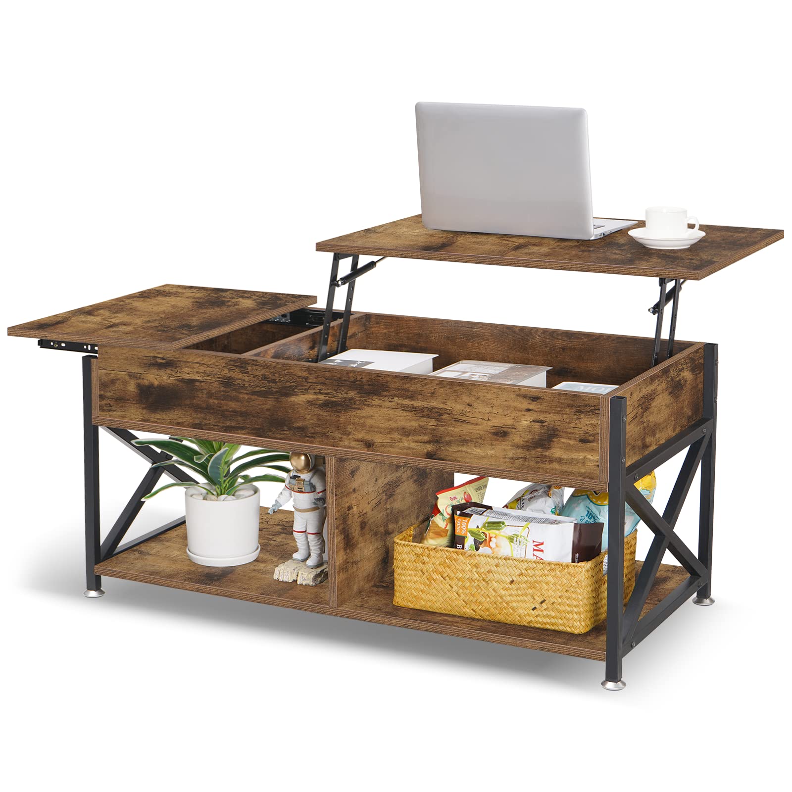 Snughome Lift Top Coffee Table with Hidden Storage Compartment, Side Drawer & Metal Frame - Rustic Brown Wooden Lift-Top Center Table for Living Room, Office & Reception Areas | Perfect for Entertaining, Remote Work & Living Room Organization