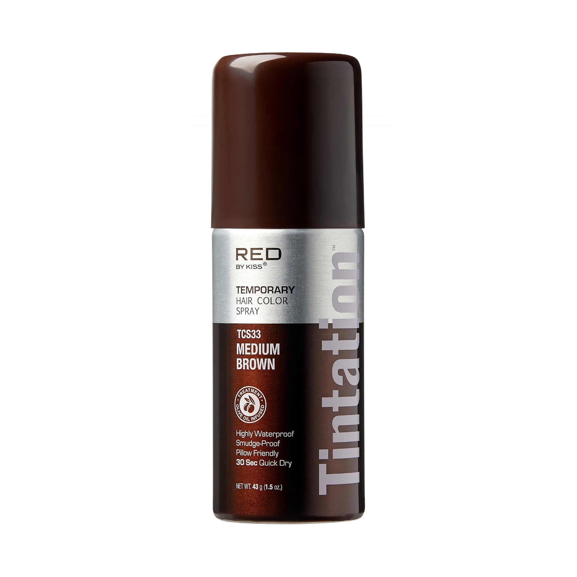 RED by Kiss 1.5OZ Temporary Hair Color Spray - Instant Gray Root Cover Up, Water-Resistant & Smudge-Proof Formula for Hairline & Barber Touch-Ups - Quick Dry Travel Size in Medium Brown - Perfect for Touch-Ups, Events & Travel