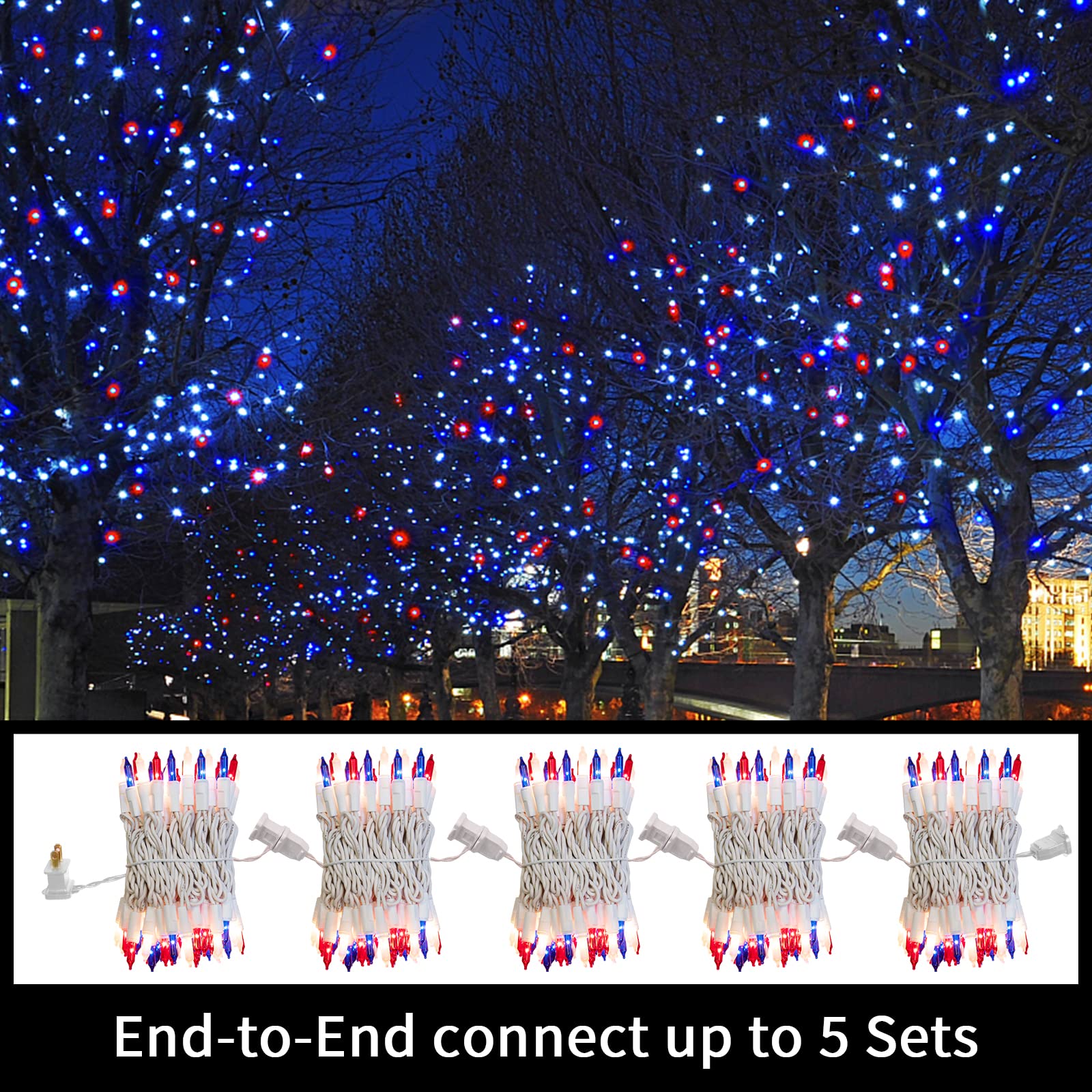 Red White & Blue Patriotic String Lights - 19.6Ft 100 LED Mini Lights with White Wire, UL Certified for Independence Day, Memorial Day, 4th of July Decorations - Perfect for Outdoor Patio, Garden, Party, and Holiday Lighting