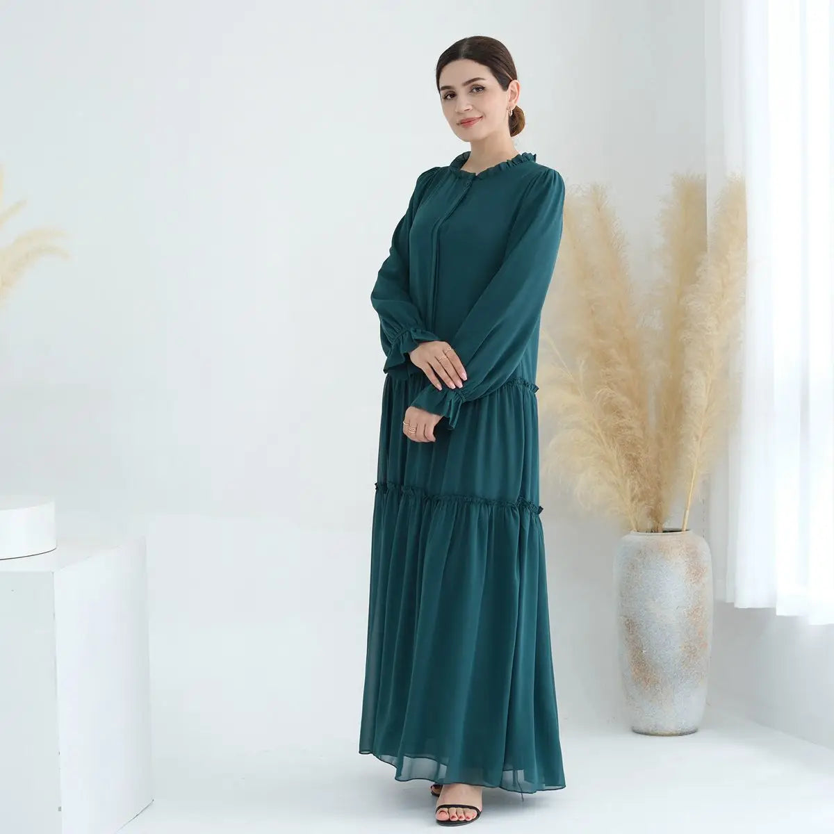 Elegant Muslim Women's Solid Color Chiffon Abaya Dress - Modest Islamic Prayer Dress for Mosque, Eid & Special Occasions