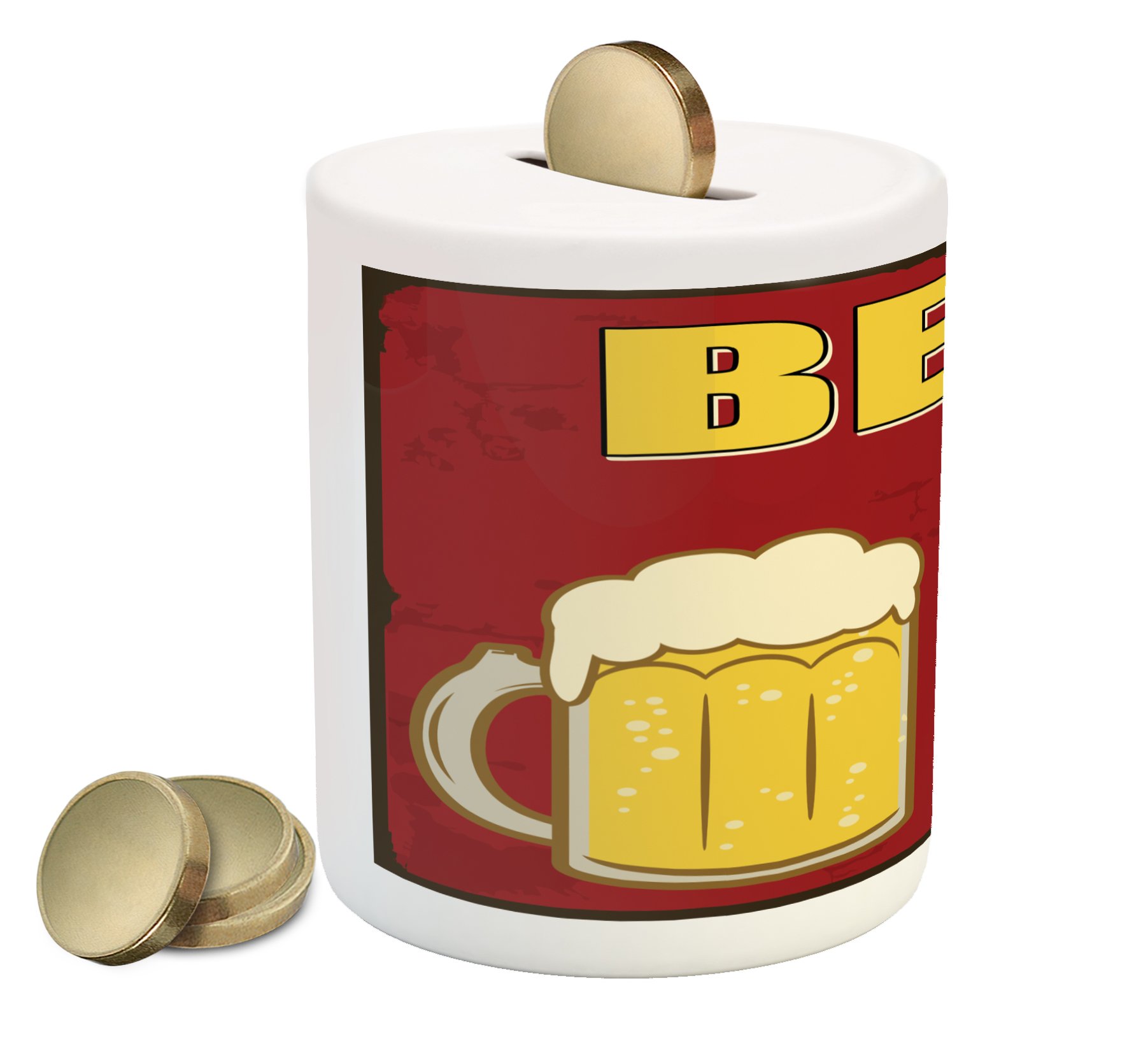 Lunarable Vintage Beer Mug Piggy Bank - Printed Ceramic Coin Bank with 2 Bottles for Cash Saving (Ruby/Yellow/Brown) | Unique Money Box Gift for Men, Beer Lovers & Home Bar Decor