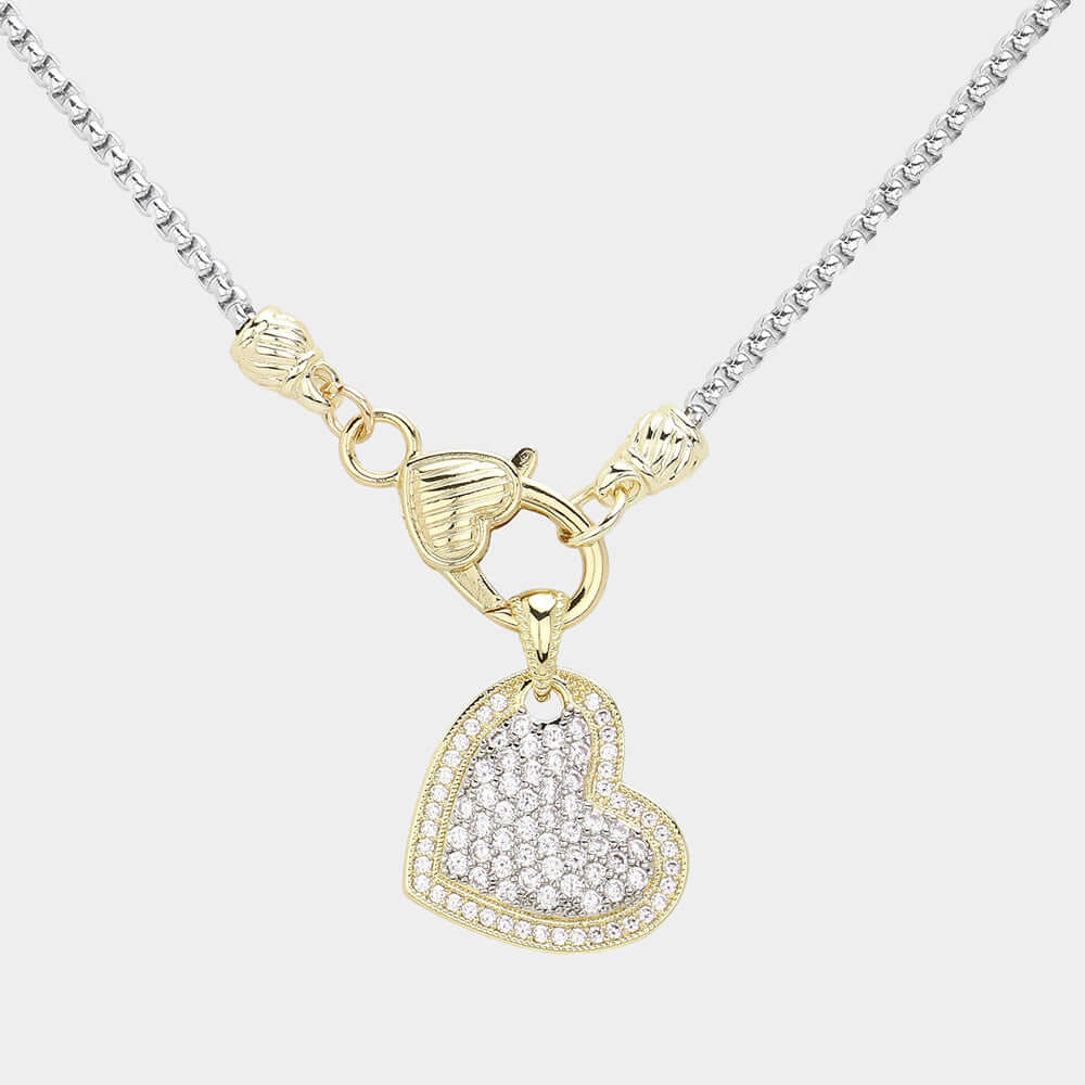 14K Gold Plated Two Tone CZ Paved Heart Pendant Necklace for Women - Elegant Valentine's Day Gift, Anniversary Jewelry for Her, Romantic Date Night Accessory