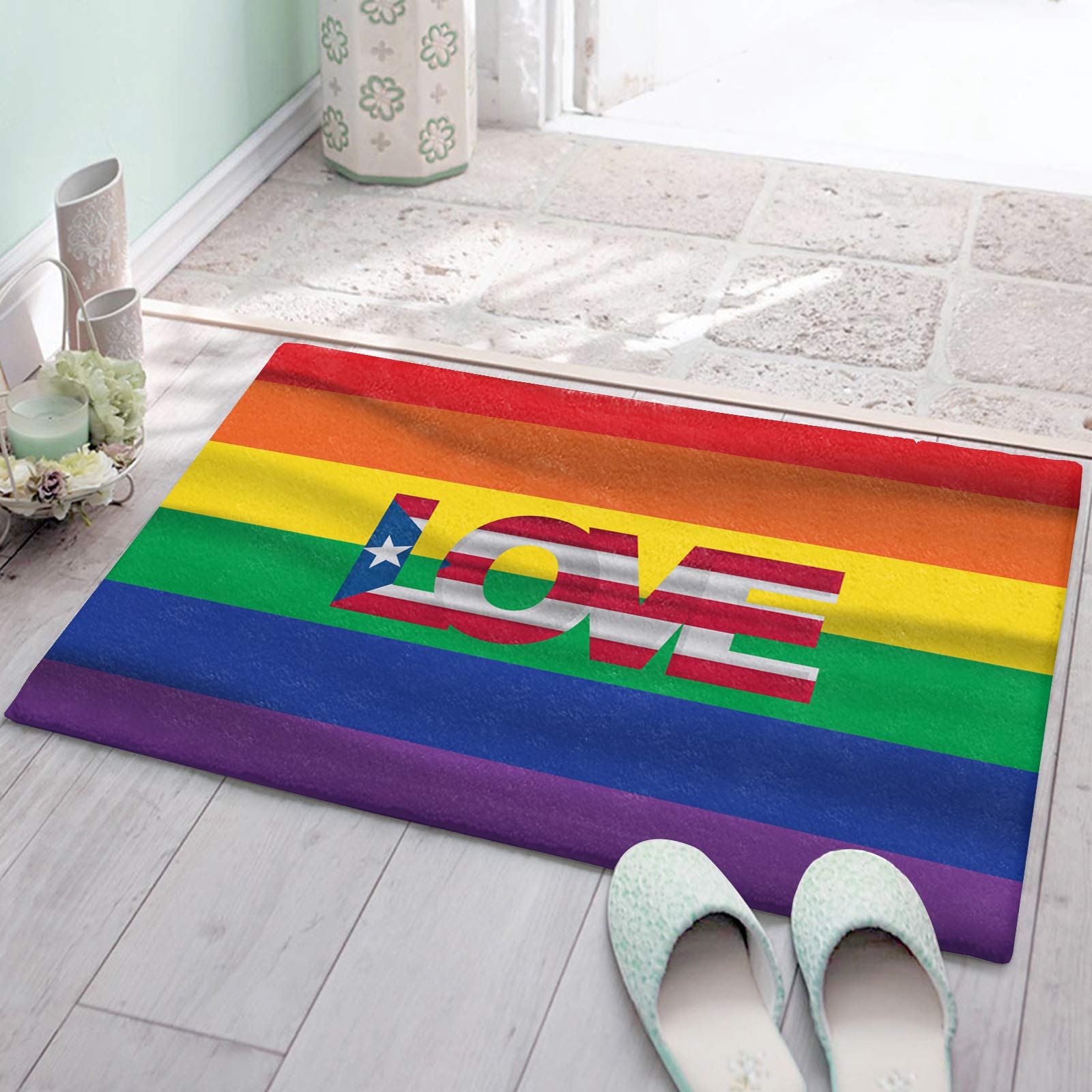 Yun Nist Fluffy Shag Plush Area Rug - Rainbow Love Puerto Rico Flag Ultra Soft Shaggy Carpet for Bedroom, Living Room, Bathroom & Nursery - Blue Colorful Stripes Floor Mat | Cozy Home Decor for Kids Room, Dorm, Apartment & Office