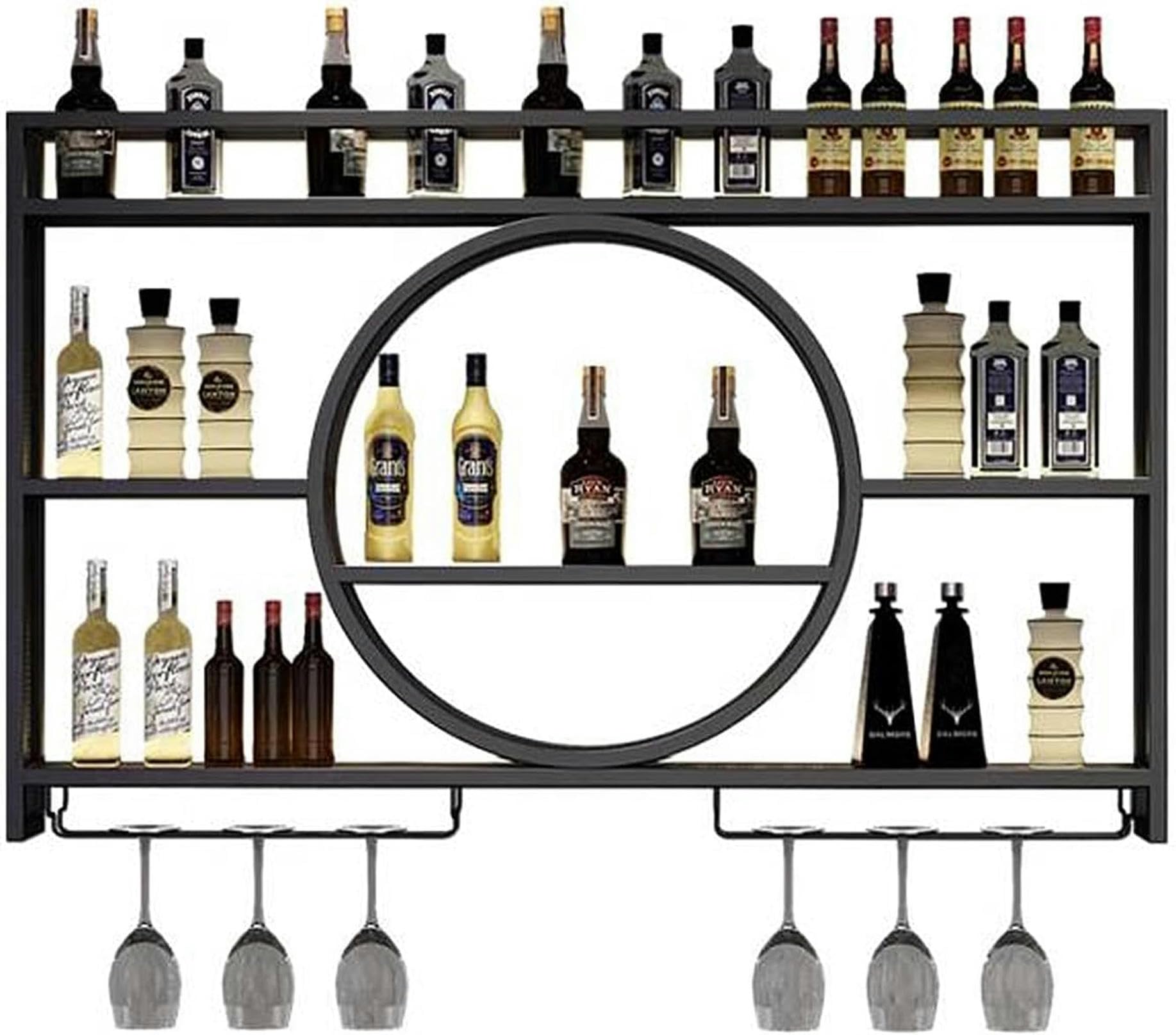 GLJTUO Wall Mounted Wine Rack - Black Metal Floating Shelf with LED Light for Bar, Restaurant & Home Decor - 140cm Bottle Holder for Wine Storage & Display