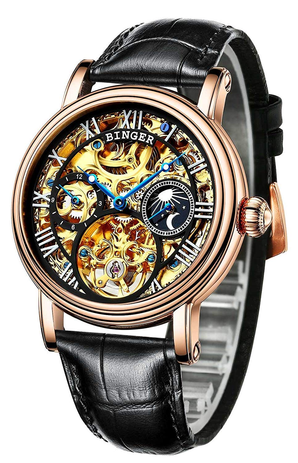 MASTOP Automatic Skeleton Watch for Men - Gold & Silver Stainless Steel Case with Black Leather Band - Luxury Mechanical Timepiece for Business, Formal & Casual Wear