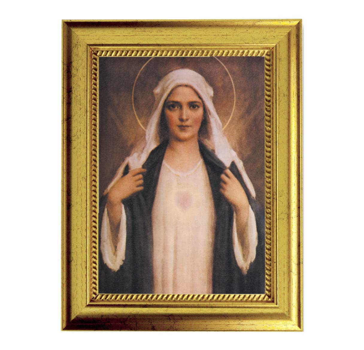 Immaculate Heart of Mary Framed Wall Art - Small Antique Gold Leaf Picture with Rope Detailing - Perfect for Home Chapel, Catholic Decor & Religious Gift Giving