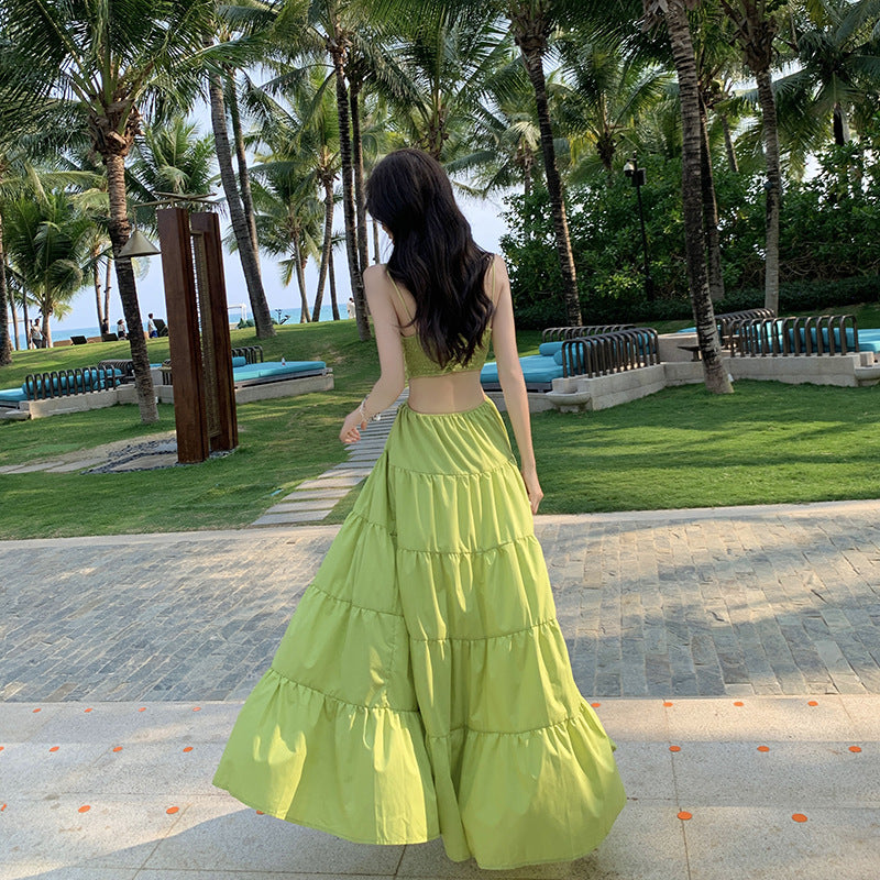Elegant Green Spaghetti Strap Maxi Dress for Women | Flowy Summer Layered Dress | Perfect for Beach Vacations, Date Nights & Outdoor Weddings