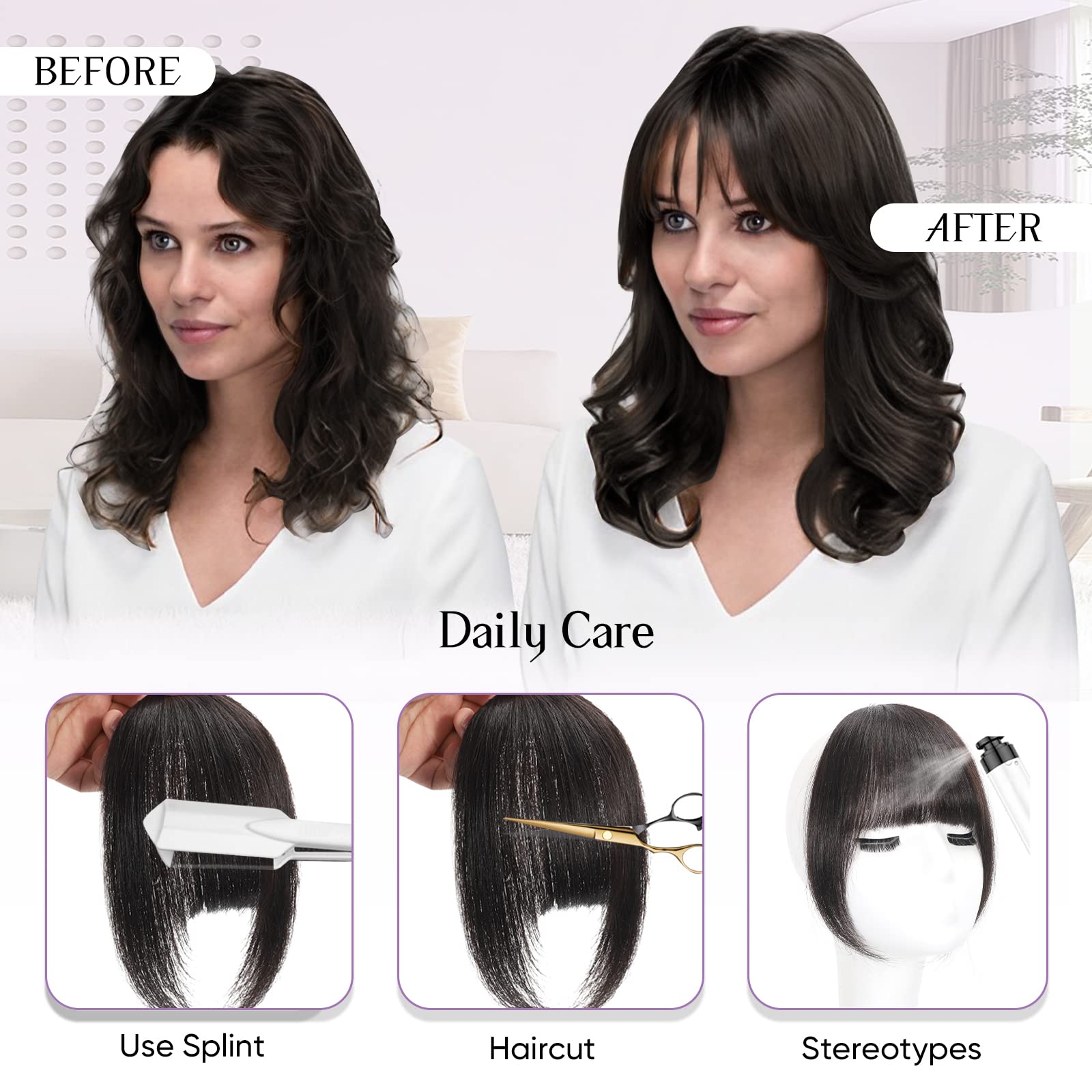 100% Human Hair Clip-In Bangs - Brown & Black French Bangs Hairpiece | Fake Bangs Hair Clip | Easy Hair Extensions for Women | Curved Bangs for Daily Wear | Perfect for Work, Parties & Cosplay