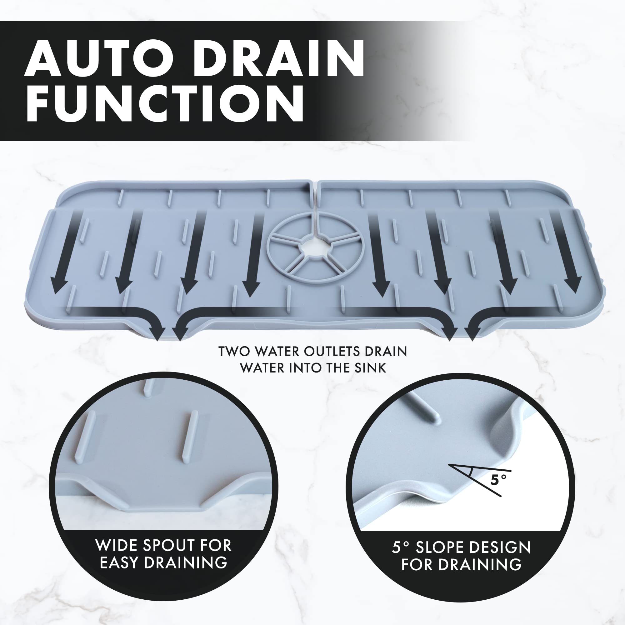 Self-Draining Silicone Faucet Mat for Kitchen Sink - Adjustable Depth Splash Guard & Drip Catcher to Prevent Hard Water Stains | Perfect for Protecting Countertops from Splashes & Mineral Deposits
