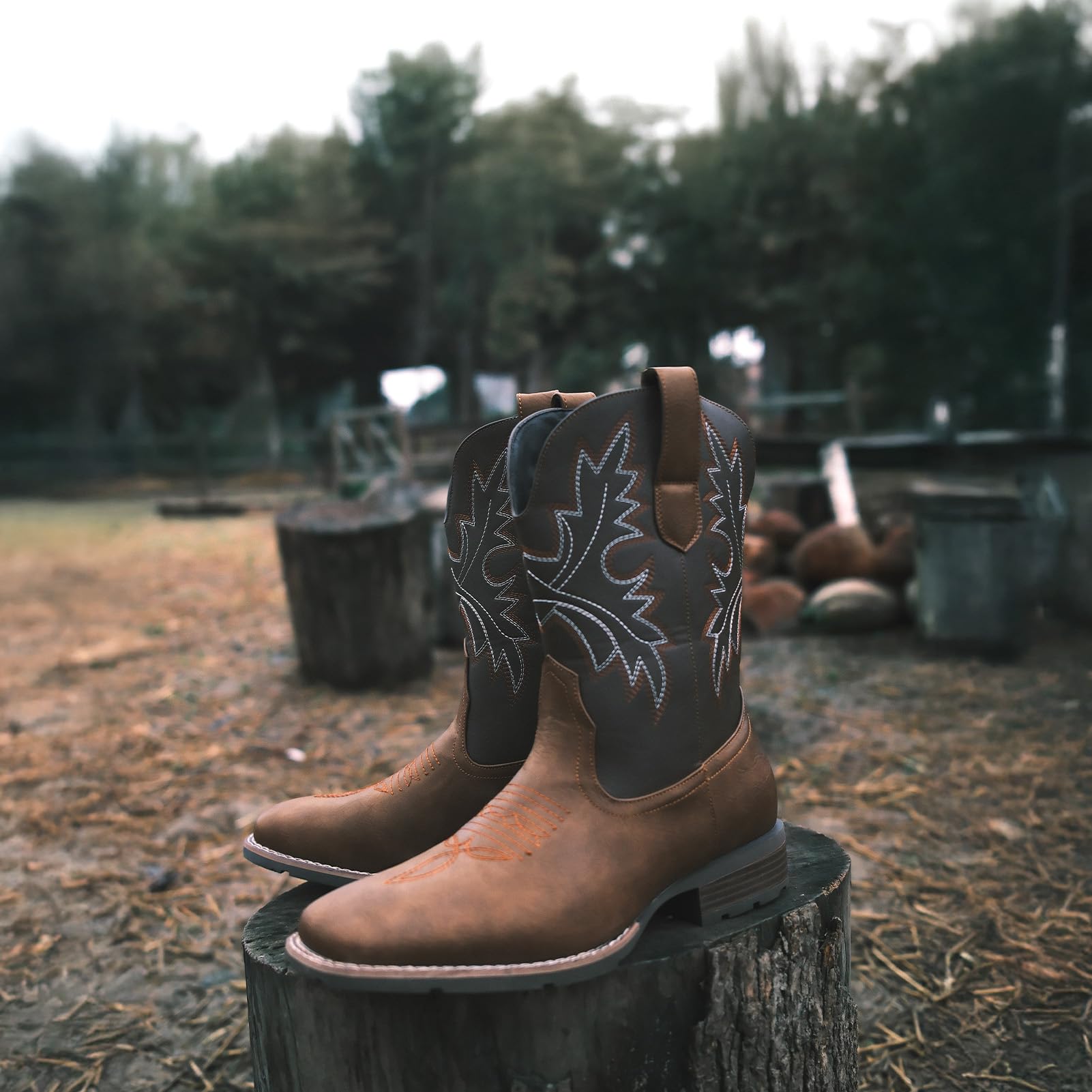 Lumeheel Men's Western Cowboy Boots - Classic Embroidered Square Toe Slip-On Boots with Slip-Resistant Sole & Chunky Heel | Durable Ankle Boots for Spring & Fall | Perfect for Country Dancing, Rodeo Events & Casual Wear