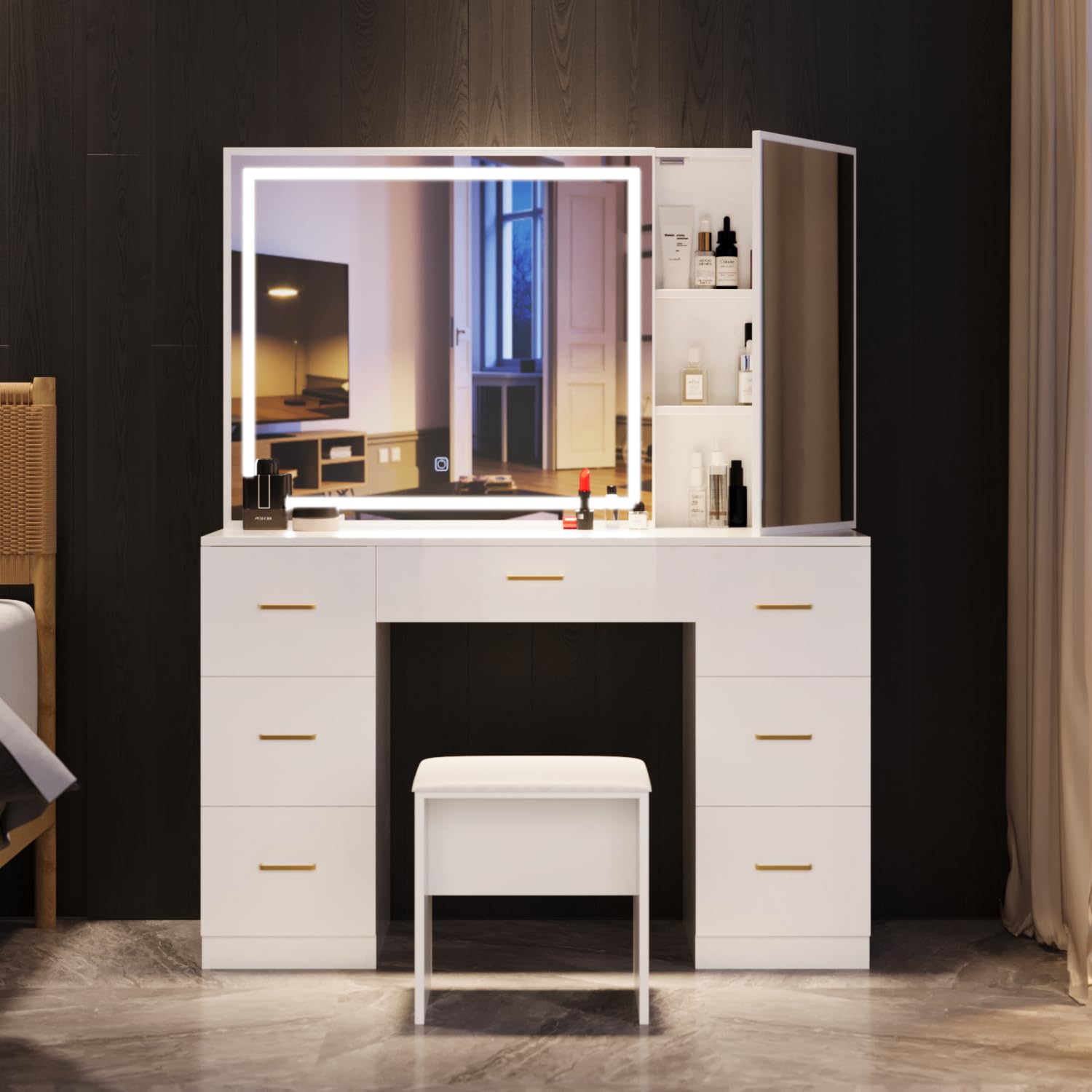 Large Lighted Vanity Desk with Stool - 7-Drawer Makeup Vanity Set with Adjustable Brightness Mirror, White Bedroom Furniture for Women | Perfect for Dressing Room, Bedroom Decor & Makeup Organization