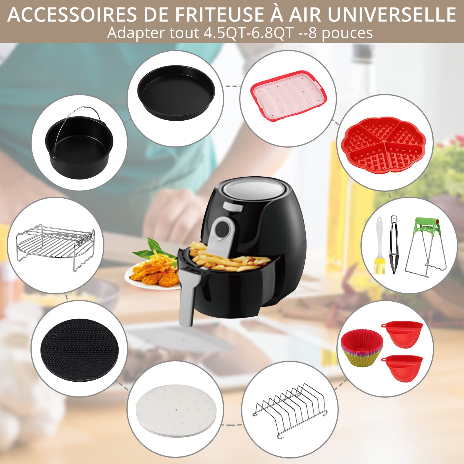 HOMGEN 16-Piece Air Fryer Accessories Kit - 8 Inch Non-Stick Universal Air Fryer Basket Liners & Accessories for 4.5QT-6.8QT Air Fryers - Perfect for Roasting, Baking & Frying Healthy Meals