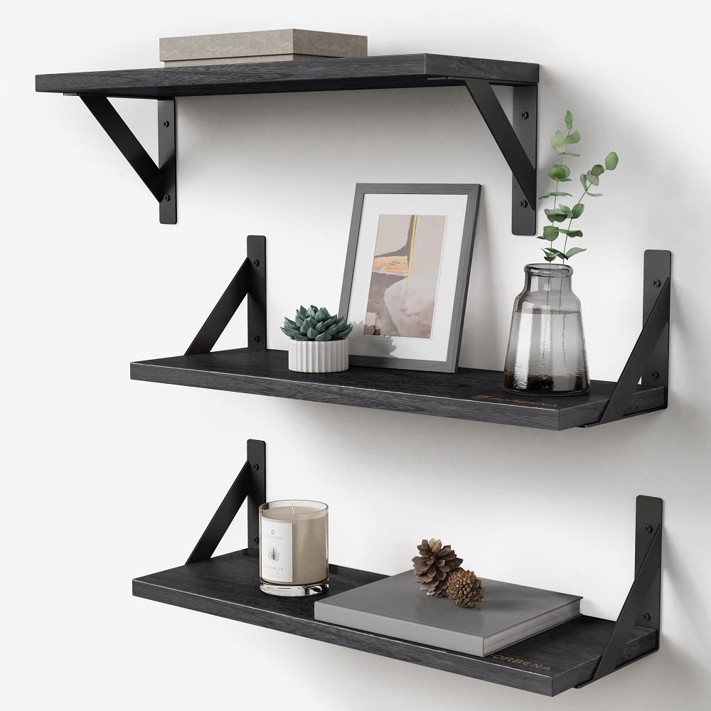Forbena Black Floating Shelves Set of 3 - Rustic Wooden Wall Shelves for Bathroom, Living Room, Kitchen & Office - Space Saving Storage & Organization Solution - Perfect for Books, Decor & Essentials