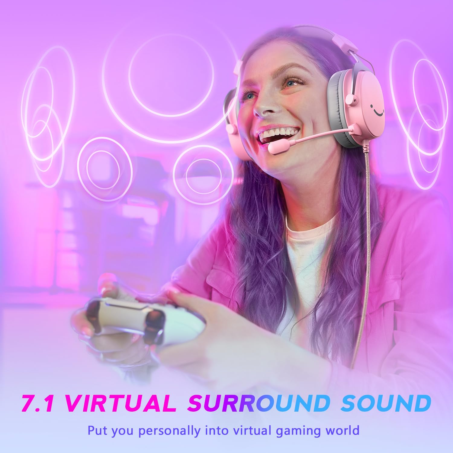 FIFINE Pink Gaming Headset with Microphone - 3.5mm/USB Over-Ear Headphones for PC, Xbox, PS4/PS5 - 7.1 Surround Sound, Detachable Mic & Soft Earmuffs - Perfect for Gaming, Streaming & Online Meetings (AmpliGame H9 Pink)