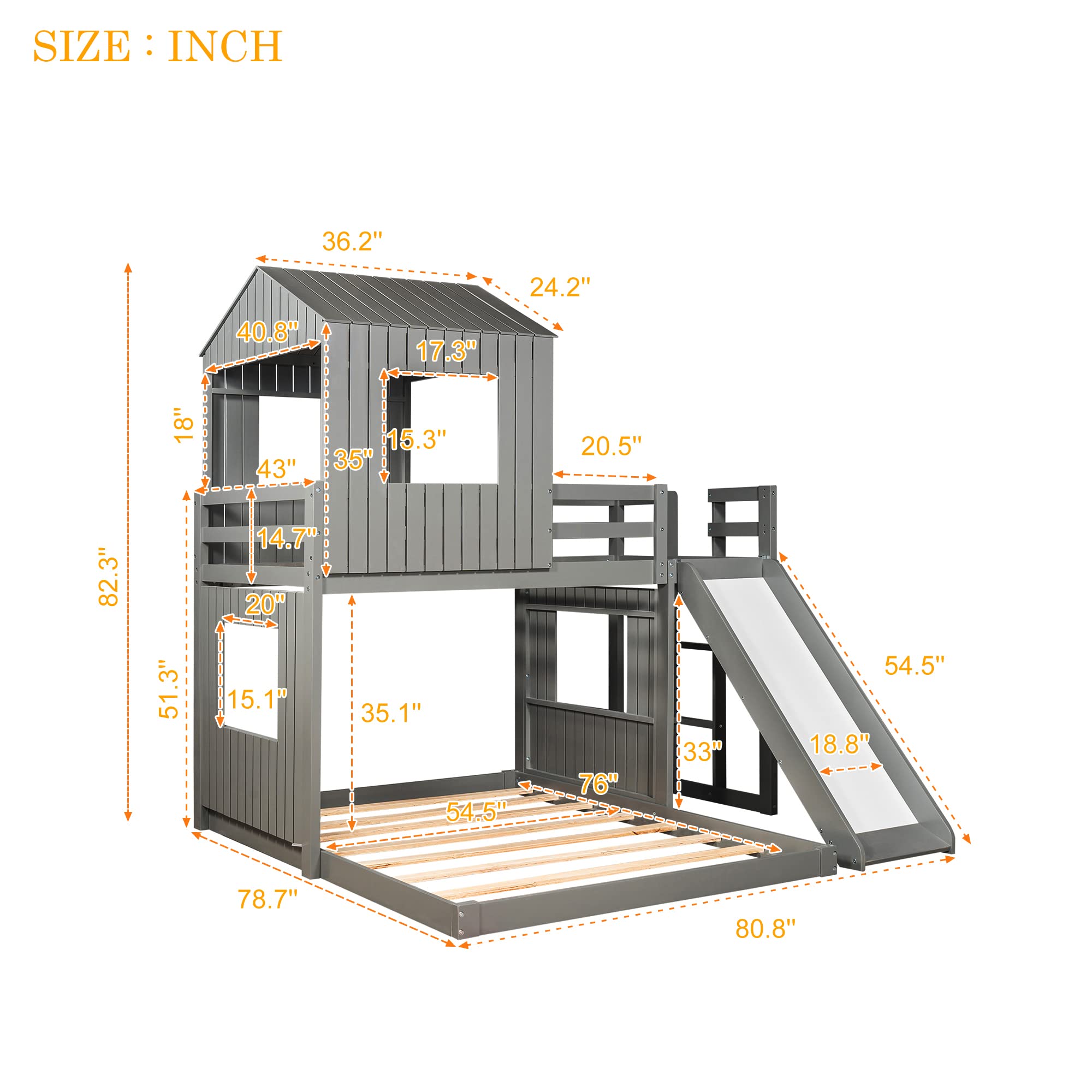 Quarte Twin Over Full Bunk Bed with Slide & Ladder - Solid Wood Loft Bed Frame with Playhouse, Farmhouse Design & Safety Guardrails - Perfect for Teens, Kids, Toddlers, Boys & Girls (Gray-9) - Ideal for Small Bedrooms, Kids' Rooms & Shared Spaces