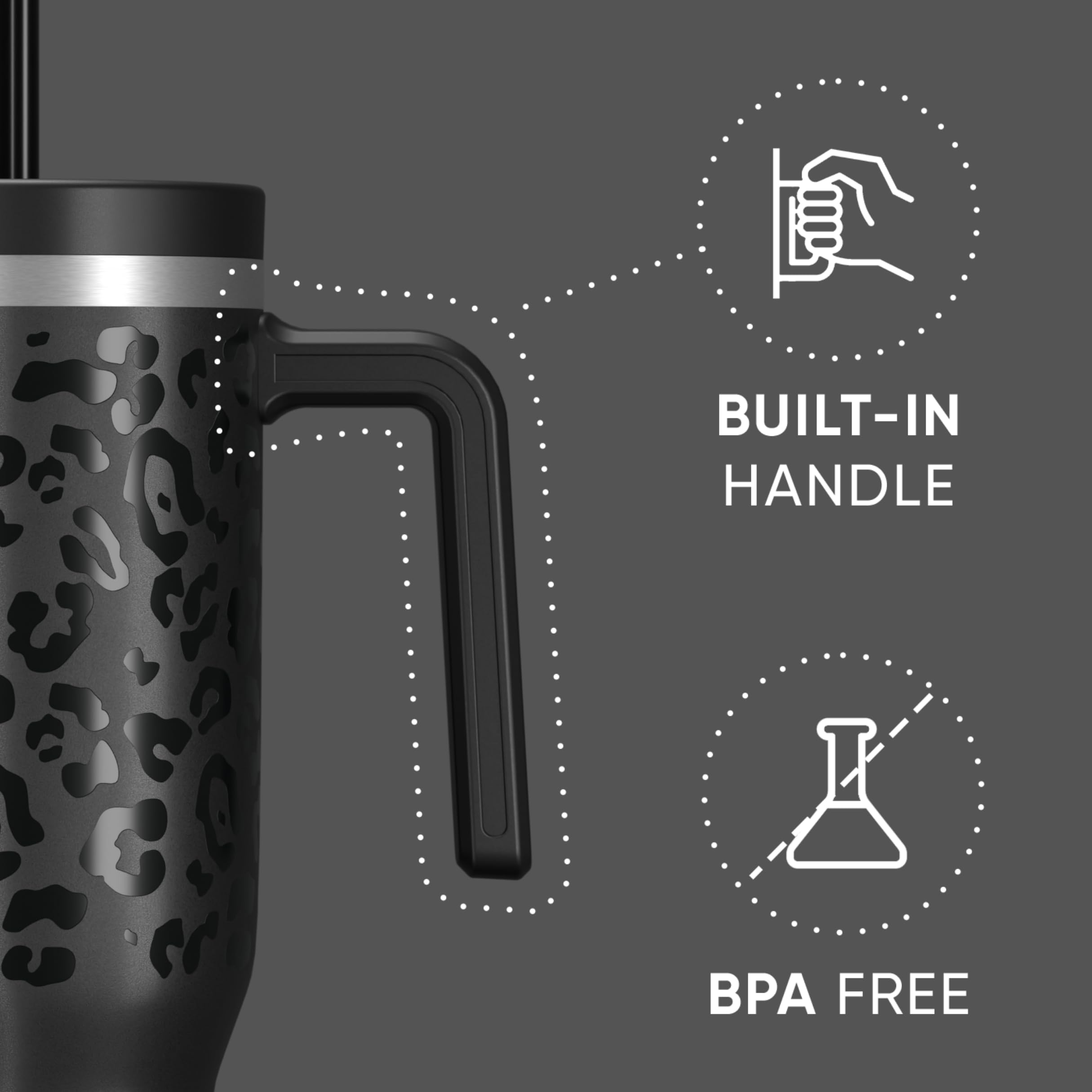 Hydrapeak Voyager 40oz Insulated Stainless Steel Tumbler with Handle & Straw Lid - Leakproof Travel Mug, BPA-Free Water Bottle for Hot & Cold Drinks - Perfect for Hiking, Camping, Office & Gym Use (Black Leopard)