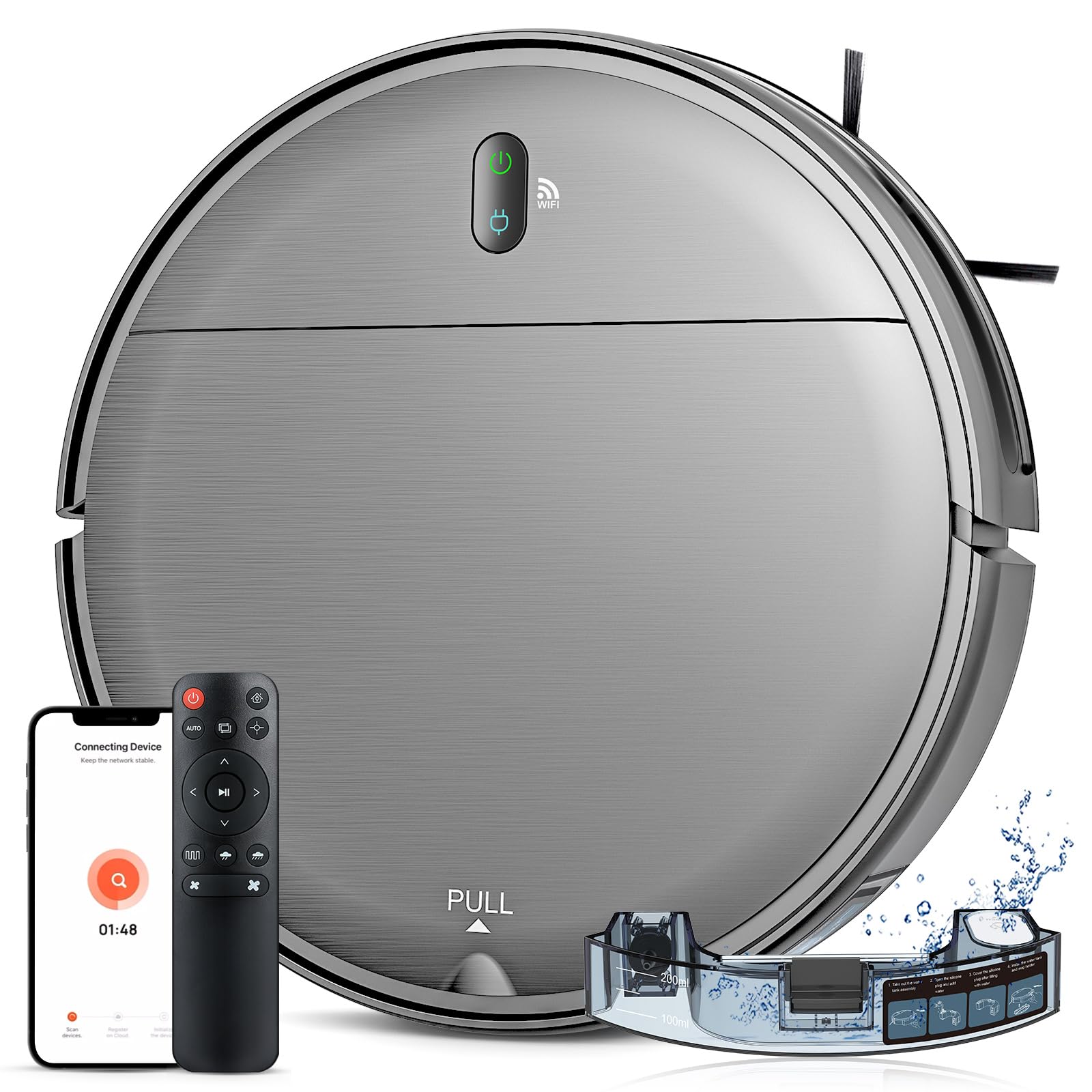 Smart Robot Vacuum and Mop 2-in-1 - WiFi/App & Voice Control, Self-Charging, Slim Design with Water Tank & Dustbin - Perfect for Hard Floors, Pet Hair, Carpets - Ideal for Home Cleaning & Pet Owners