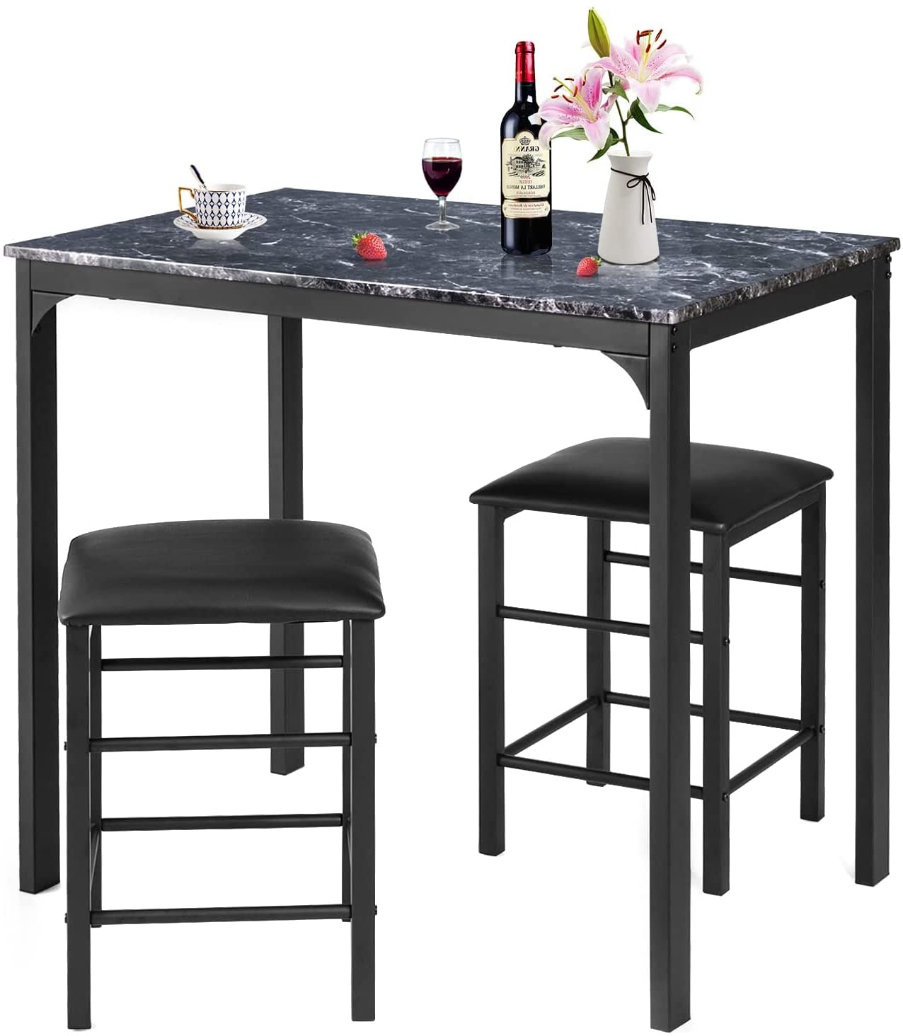FANTASK 3-Piece Counter Height Dining Table Set for 2 - Small Kitchen Table with 2 Faux Leather Backless Stools - Space-Saving Design for Apartments, Kitchens & Bars (Black) - Perfect for Breakfast Nooks, Small Dining Areas & Studio Apartments