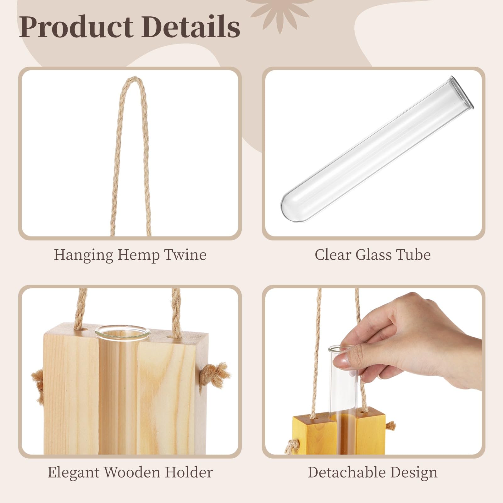 6 PCS Wooden Wall Planters with Glass Tubes - Indoor Hanging Flower Vases, Modern Wood Holder Wall Decor for Home, Office, Cafe - Perfect for Small Spaces, Kitchen Herbs & Living Room Greenery