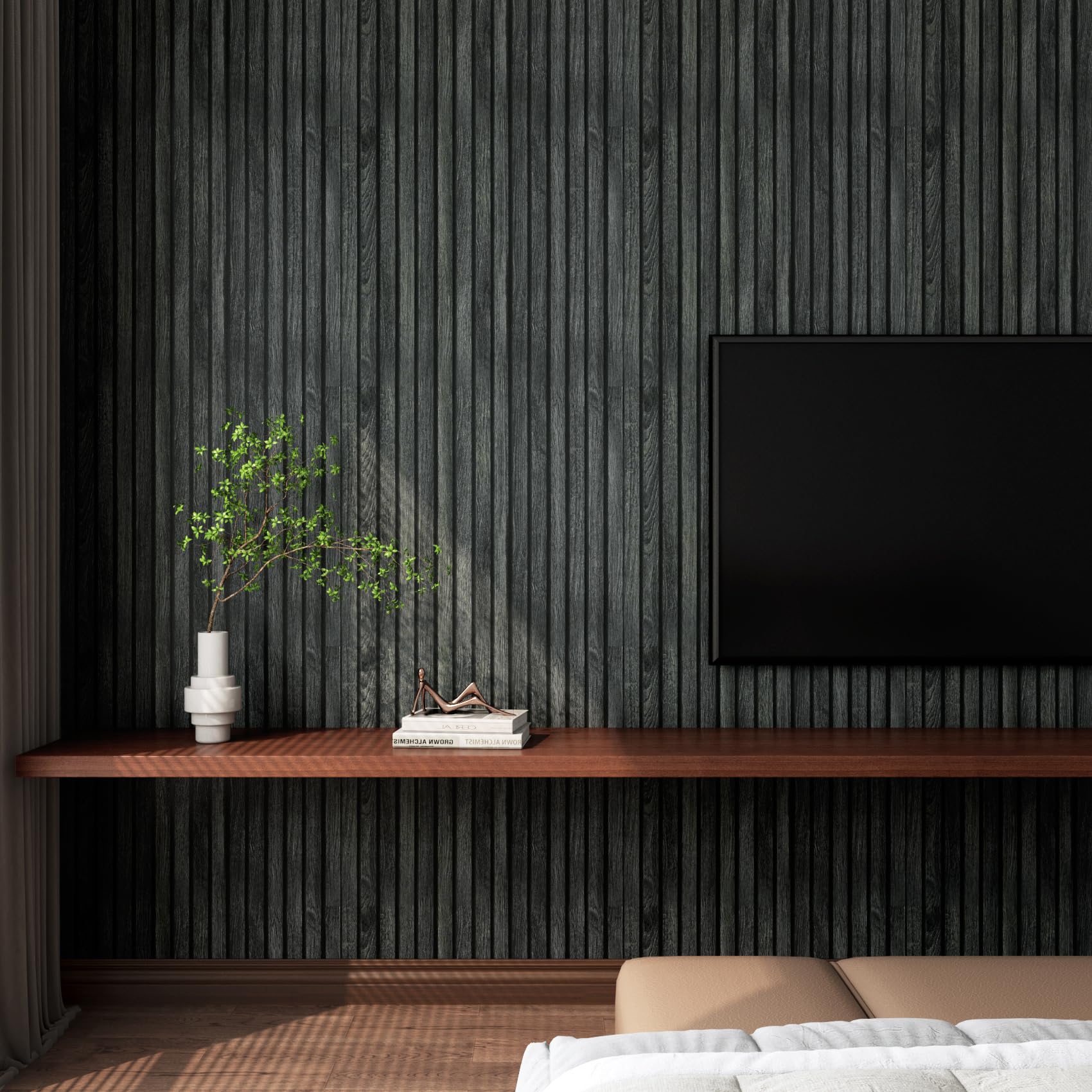 LaCheery 60CM x 4M Black Wood Slat Wall Panel - Peel and Stick 3D Wood Wallpaper | Modern Removable Wood Slat Wall Paneling for TV Backdrop, Accent Wall, Bedroom, Living Room & Office Decoration