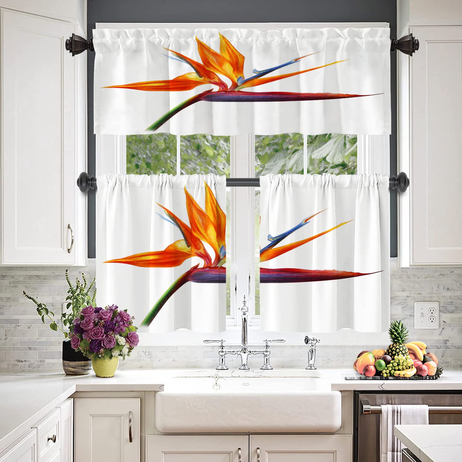Flower Tropical Kitchen Valances Window Curtain - Bird of Paradise Orange Tropical Blackout Drapes for Decorative Home Decor, Perfect for Kitchen, Bedroom, and Living Room