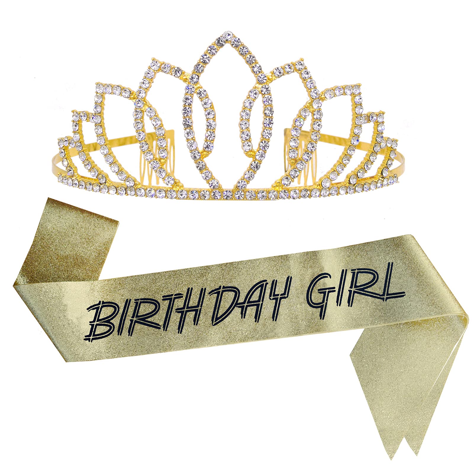 Gold Birthday Crown and Sash Set for Women & Girls - Elegant Tiara & Sash for Birthday Parties, Bridal Showers, Quinceañeras - Perfect Gift for Sister, Mother, Daughter (Birthday Party Supplies & Favors)