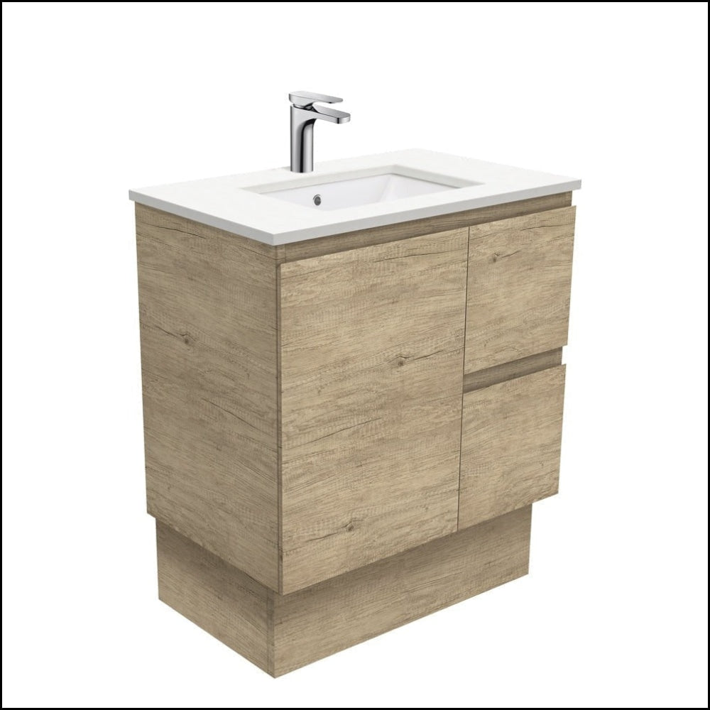 Fienza Crystal Pure SC75SKR 750mm Undermount Stone Top Bathroom Vanity Unit - Edge Scandi Oak Finish, Right Drawers with Kickboard - Perfect for Modern Bathroom & Powder Room Renovations