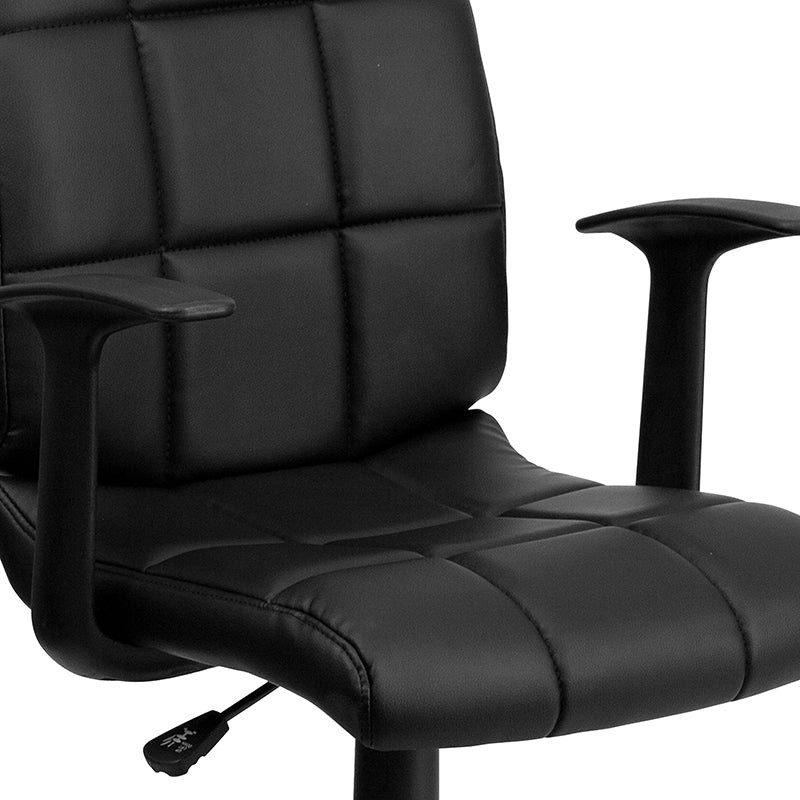FLASH Clayton Mid Back Black Quilted Vinyl Swivel Task Office Chair with Arms - Ergonomic Desk Chair for Home Office, Computer Workstation & Conference Room