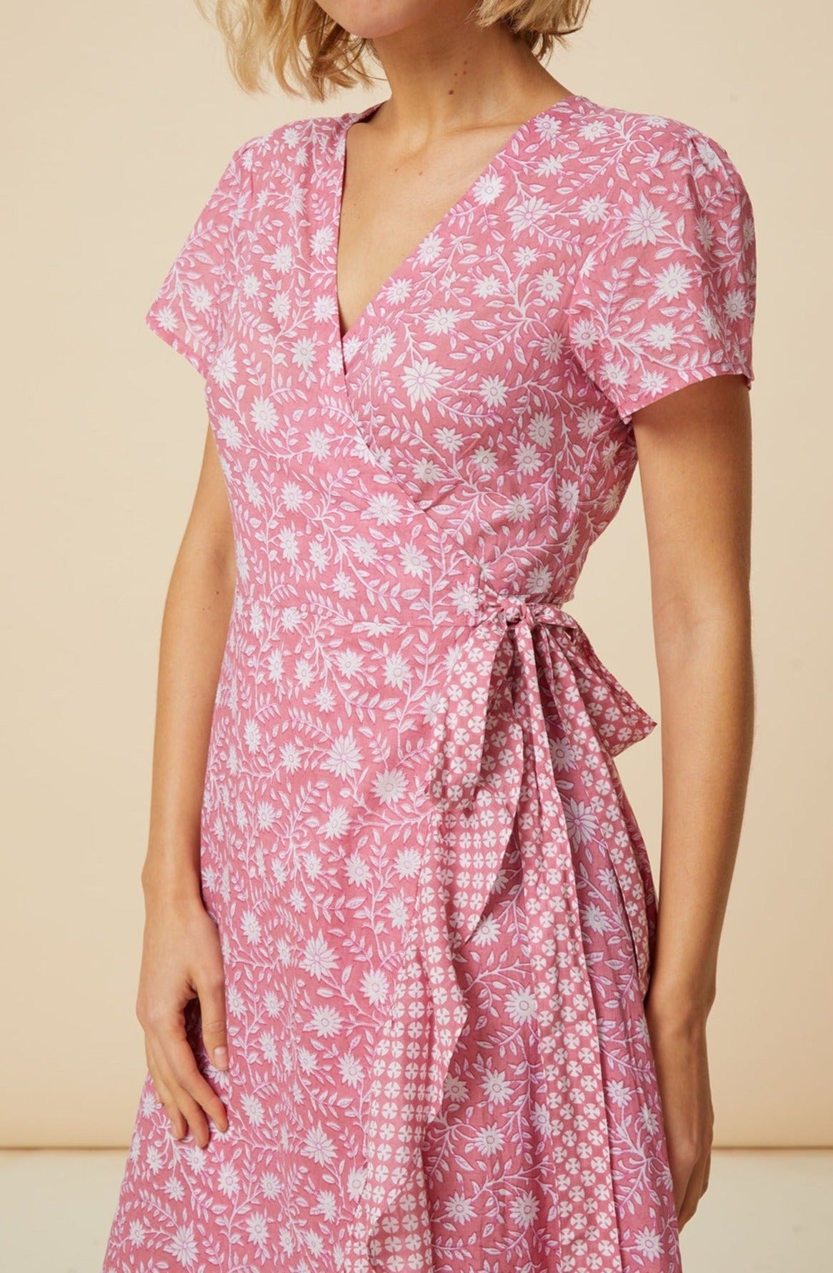 Stylish Demi Cotton Wrap Dress in Primula Pink & White - Perfect for Casual Outings, Date Nights, and Summer Vacations