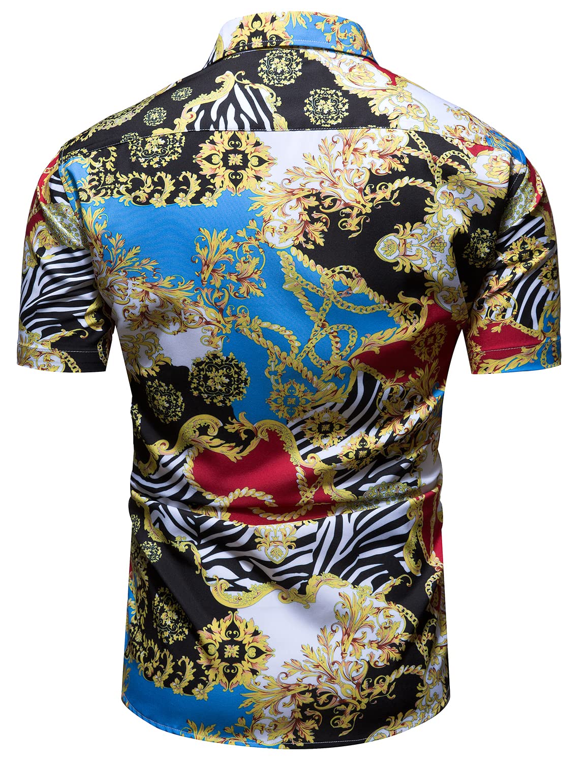 Luxury Men's Black & Gold Baroque Chain Print Short Sleeve Dress Shirt - Formal & Casual Button Down Shirt for Office, Party & Special Occasions