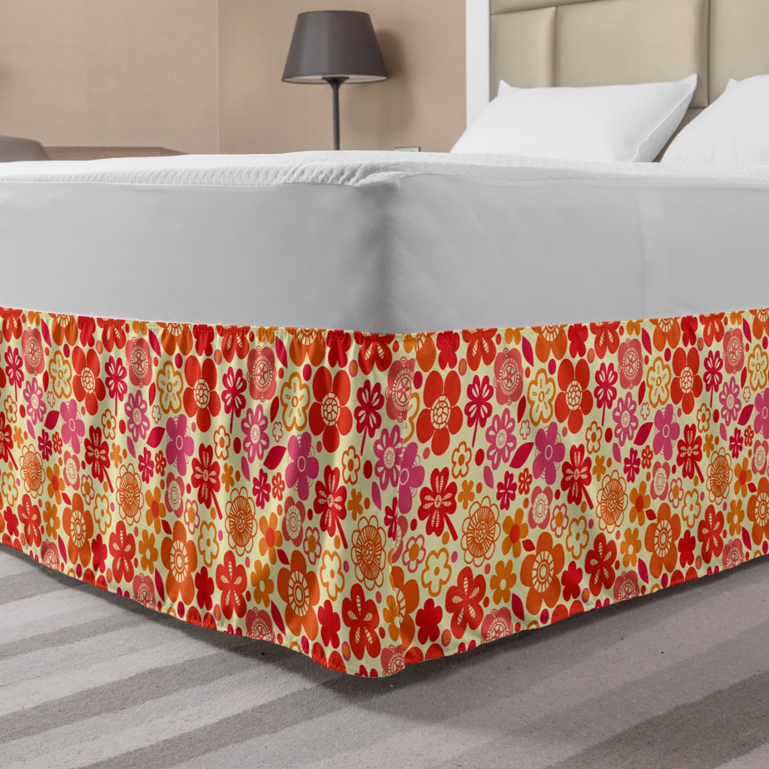 Ambesonne Floral Elastic Bed Skirt - Colorful Flowers & Shamrocks Design, Wrap Around Dust Ruffle for King Size Beds, Yellow Vermilion - Perfect for Bedroom Decor & Guest Room Styling
