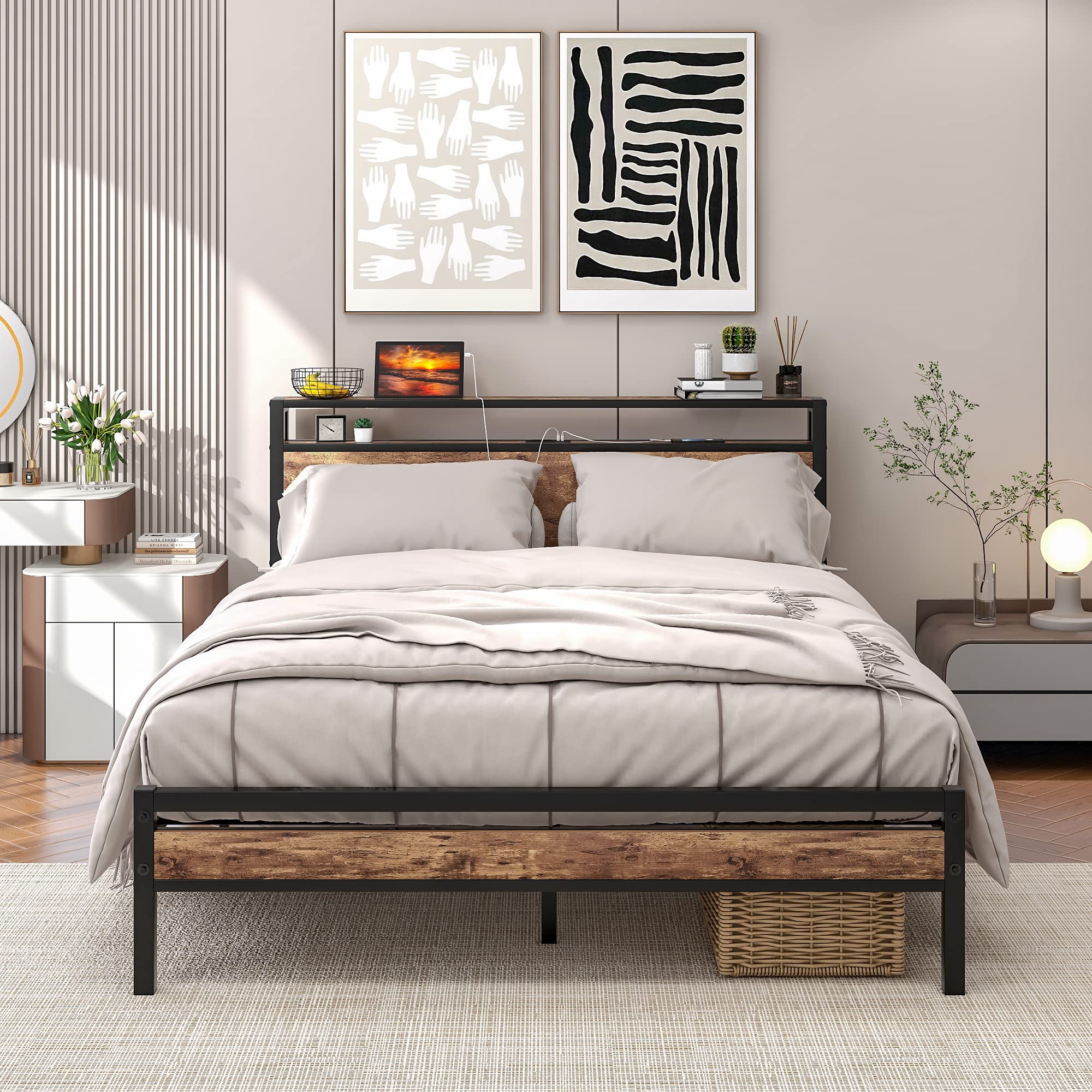 BOFENG Black Queen Size Bed Frame with 2-Tier Storage Headboard & USB Charging Station - Heavy Duty Platform Bed with Under Bed Storage - No Box Spring Needed - Noise Free & Rustic Brown Finish - Perfect for Small Bedrooms, Guest Rooms & Modern Apartments