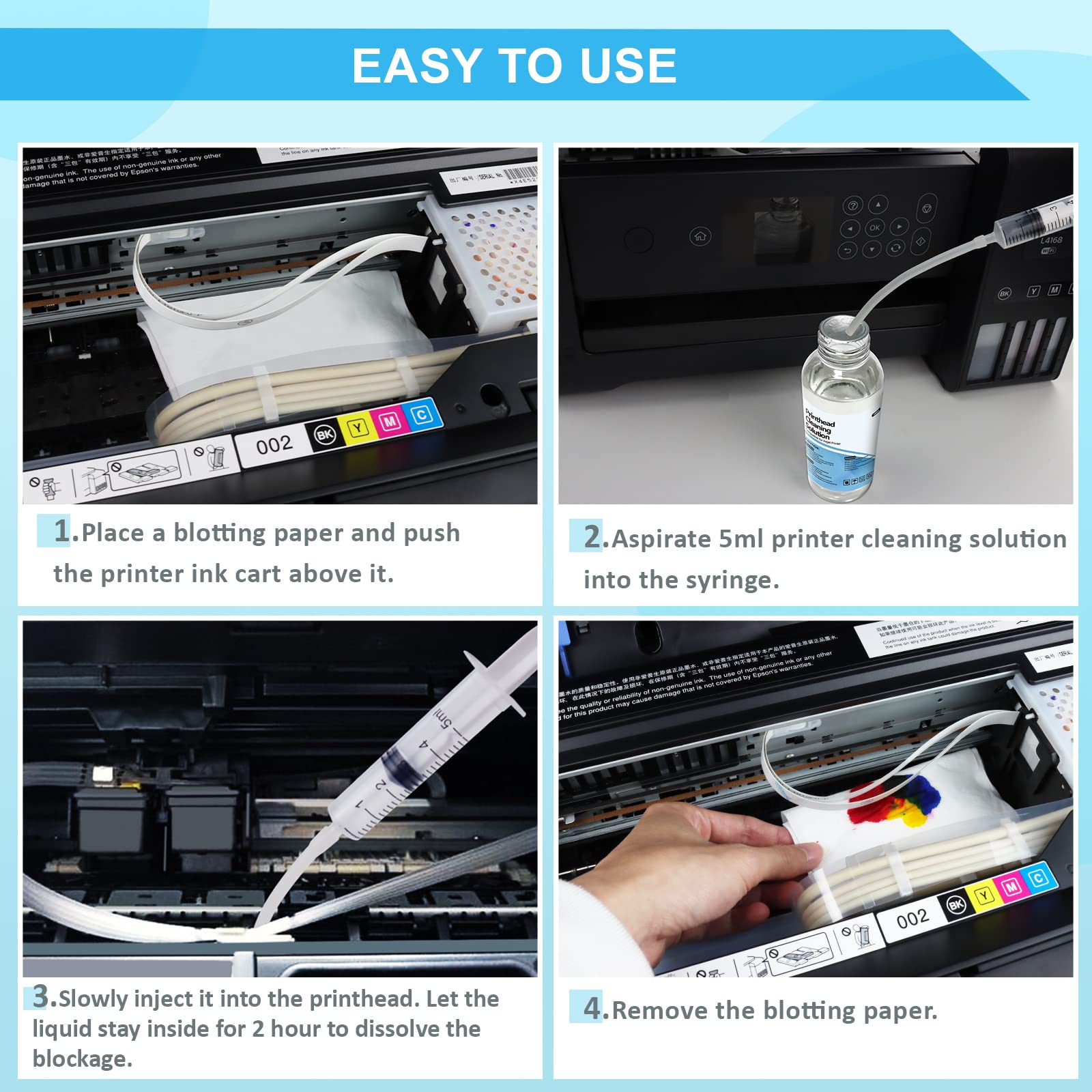 Wawocs Printer Cleaning Kit - 100ML Ink Head Cleaning Solution & Nozzle Cleaner for Epson HP Canon Inkjet Printers | Unclog Nozzles, Improve Print Quality | Home & Office Use