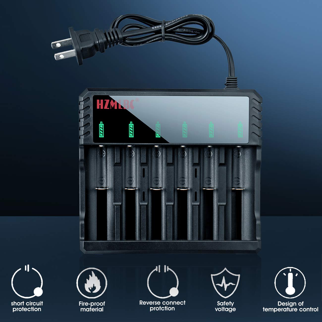 Universal 6-Slot 18650 Battery Charger - Smart LED Indicator AC Charger for 3.7V Li-ion Rechargeable Batteries (26650, 18500, 14500) - Perfect for Flashlights, Headlamps & Emergency Power Supplies
