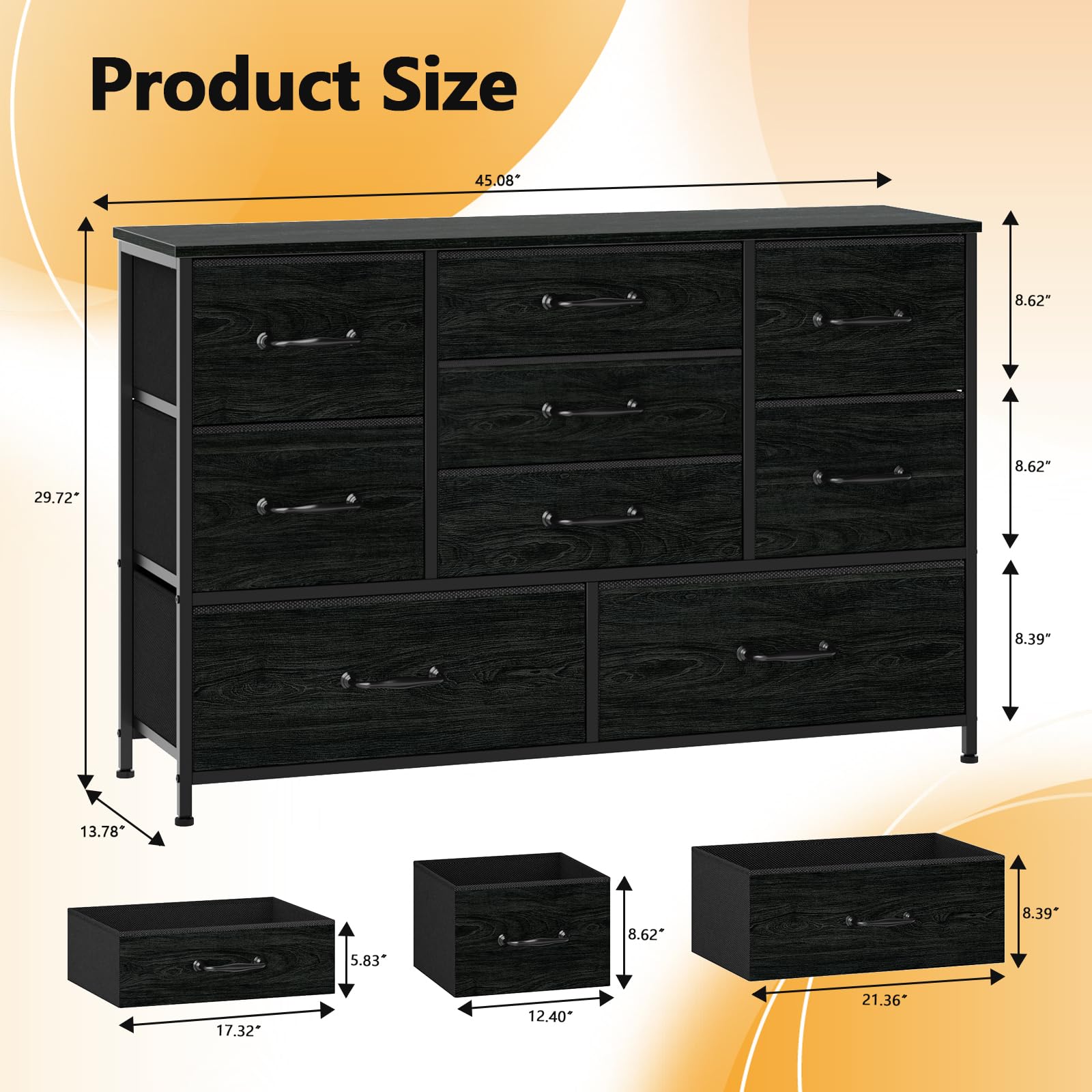 Furnulem 55'' Wide Dresser with 9 Large Drawers - Solid Wood TV Stand Entertainment Center with Sturdy Metal Frame, Black Oak Finish - Perfect for Bedroom Storage, Dorm Room Organization, Closet Space & Entryway Furniture - Ideal for TV Placement, Clothing Storage & Home Decor
