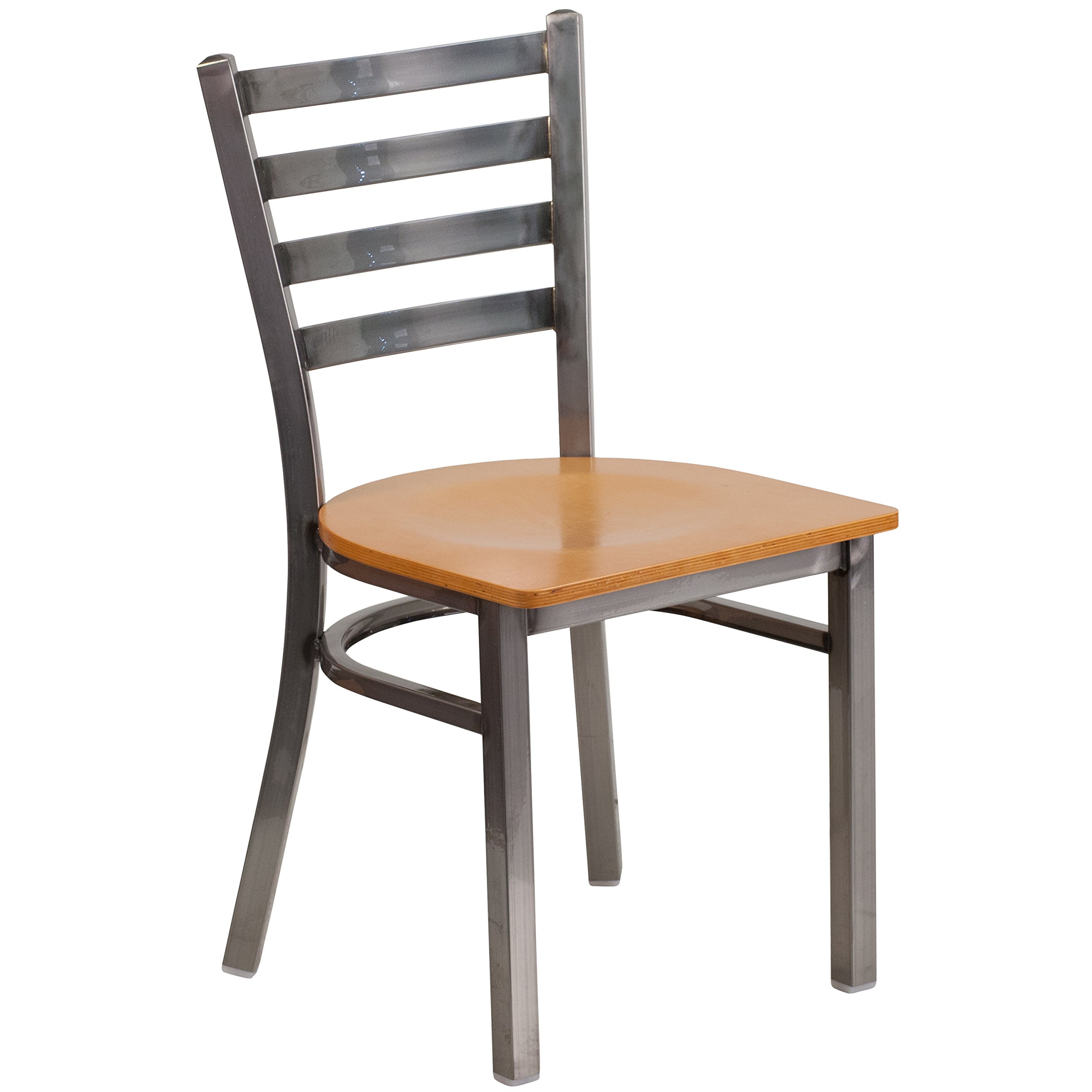 EMMA + OLIVER Clear Coated Ladder Back Metal Dining Chair with Natural Wood Seat - Modern Kitchen & Dining Room Furniture for Home, Restaurant & Cafe Use