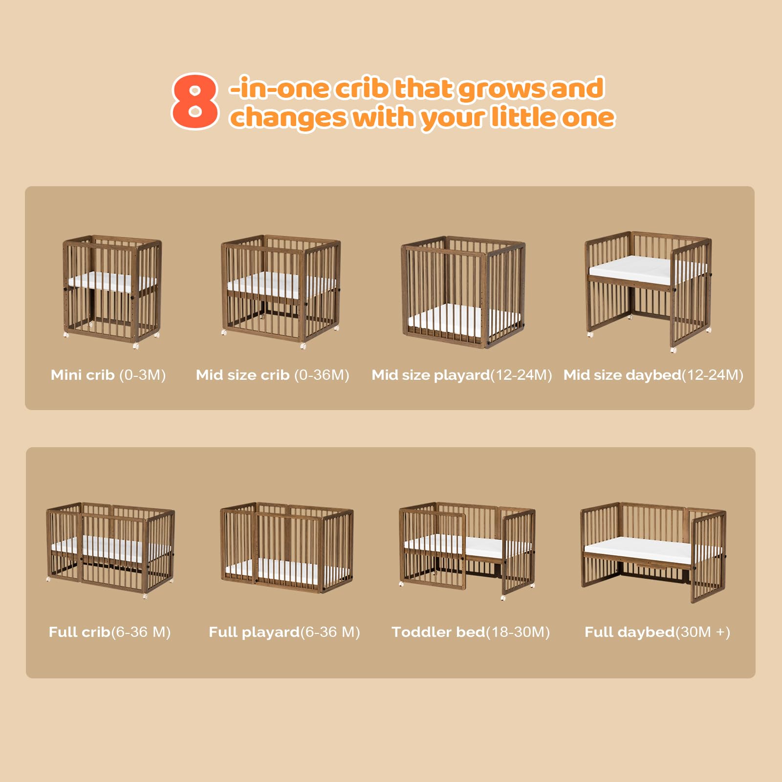 JOYMOR 8-in-1 Convertible Baby Crib with 2