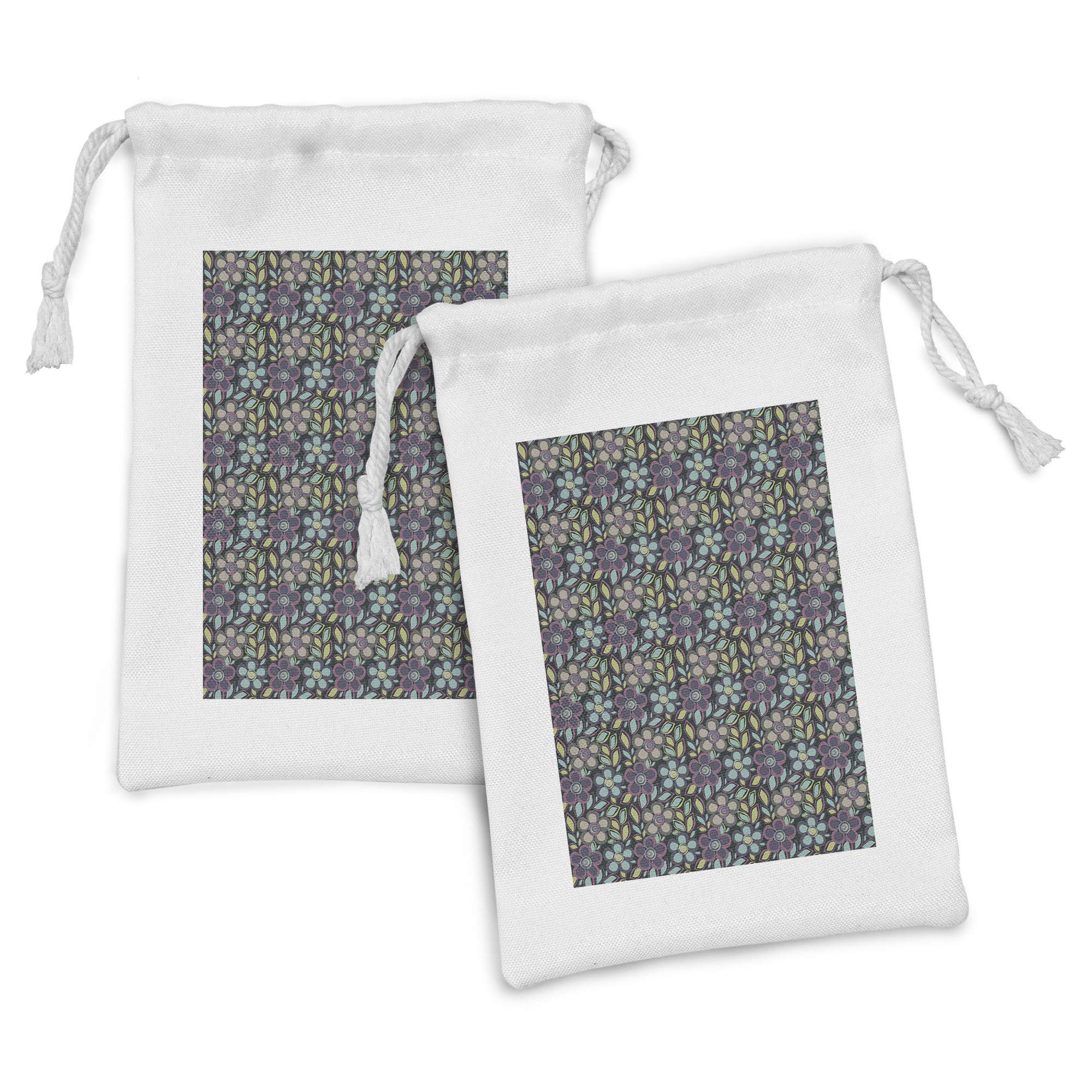 Ambesonne Floral Fabric Pouch Set of 2 - Pastel Meadow Blossom Print Drawstring Bags (9