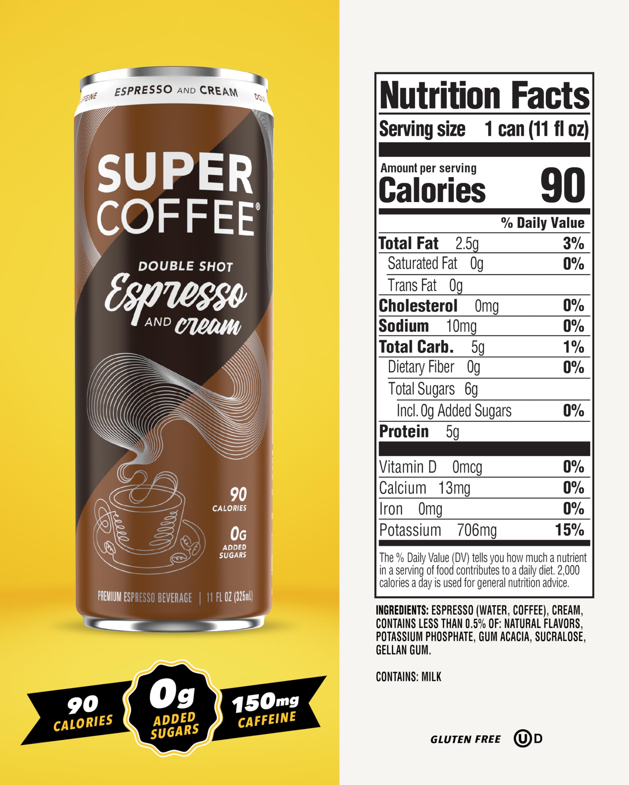 SUPER COFFEE Espresso & Cream Iced Keto Coffee - 0g Added Sugar, 90 Calories, 12 Pack (11 Fl Oz) | Protein Coffee Drink for Energy, Weight Loss & Keto Diet | Soy Free, Gluten Free | Perfect for Morning Boost, Workout Fuel & Office Refreshment