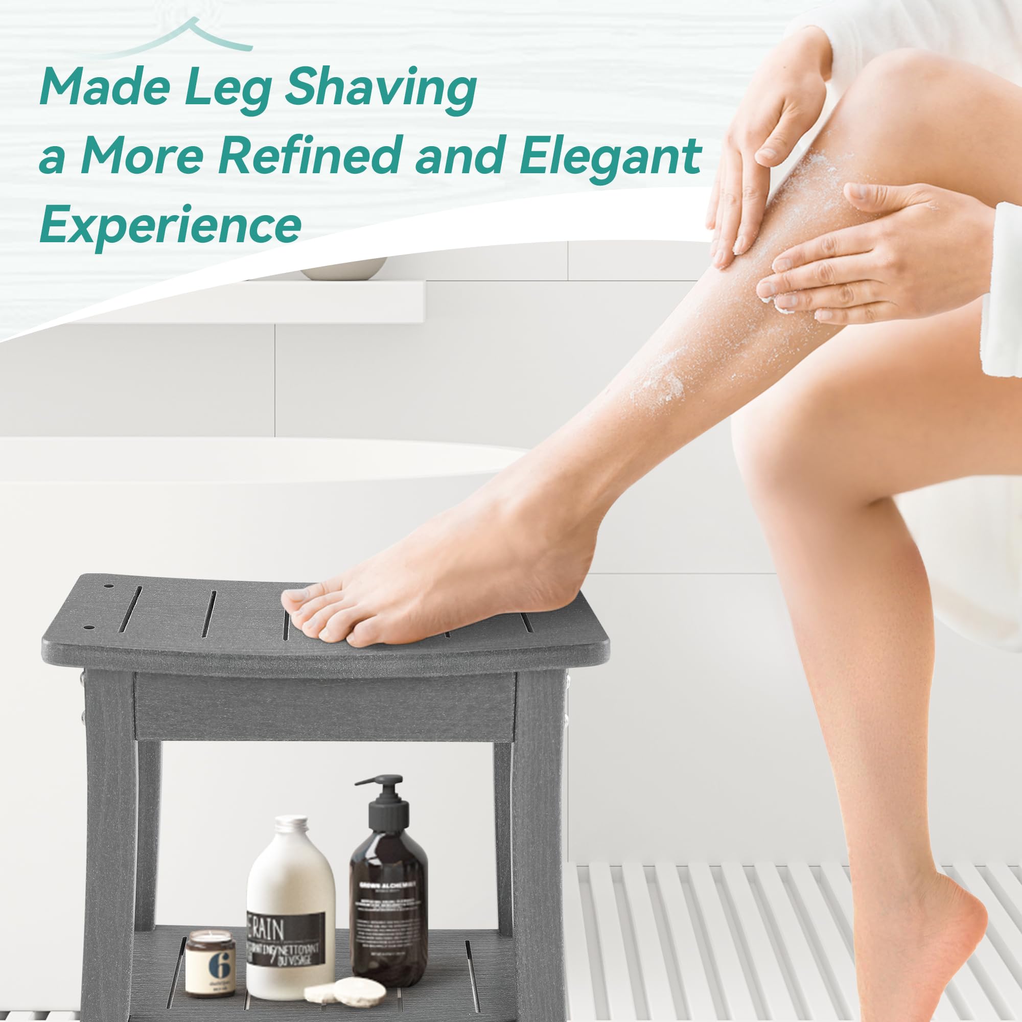 **Waterproof HDPE Shower Bench Stool with Storage Shelf - Non-Slip Shower Seat for Elderly & Disabled, Bathroom Shaving Stool for Legs (Gray) - Ideal for Safe Bathing, Shaving & Relaxation**