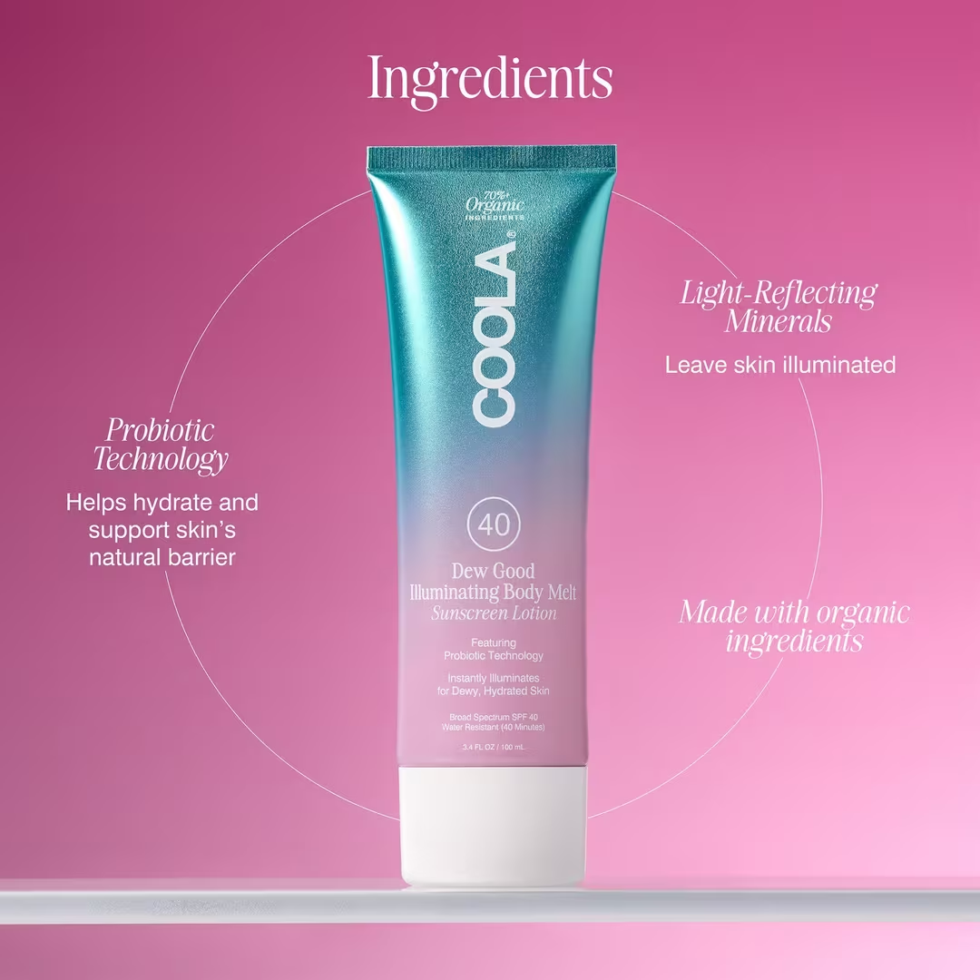 COOLA Dew Good Illuminating Body Melt Lotion SPF 40 - Hydrating Sunscreen with Vitamin C & Antioxidants for Glowing Skin | Perfect for Beach Days, Outdoor Activities & Daily Sun Protection
