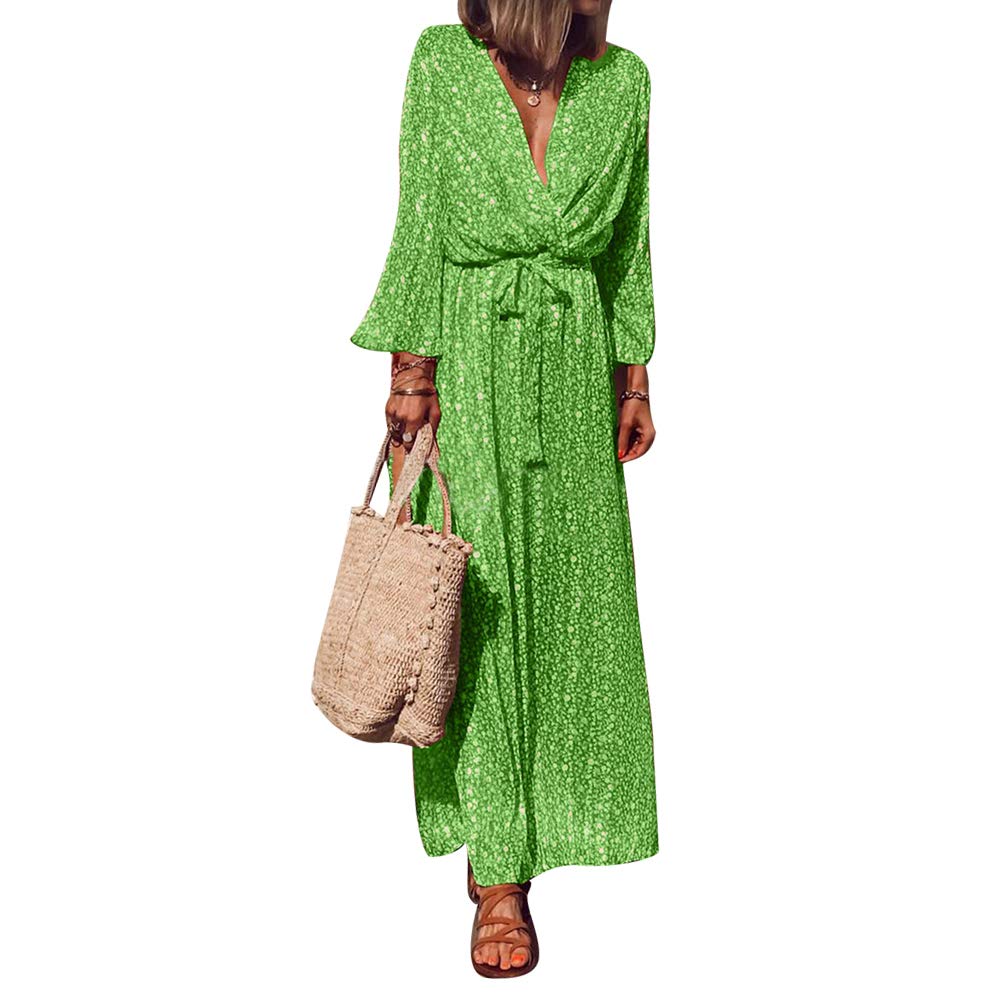 Plus Size Bohemian Floral Print Bandage Maxi Dress for Women - Adjustable Belt, Deep V Neck, Long Sleeves - Green XXXXXL - Perfect for Beach Vacations, Date Nights & Special Occasions