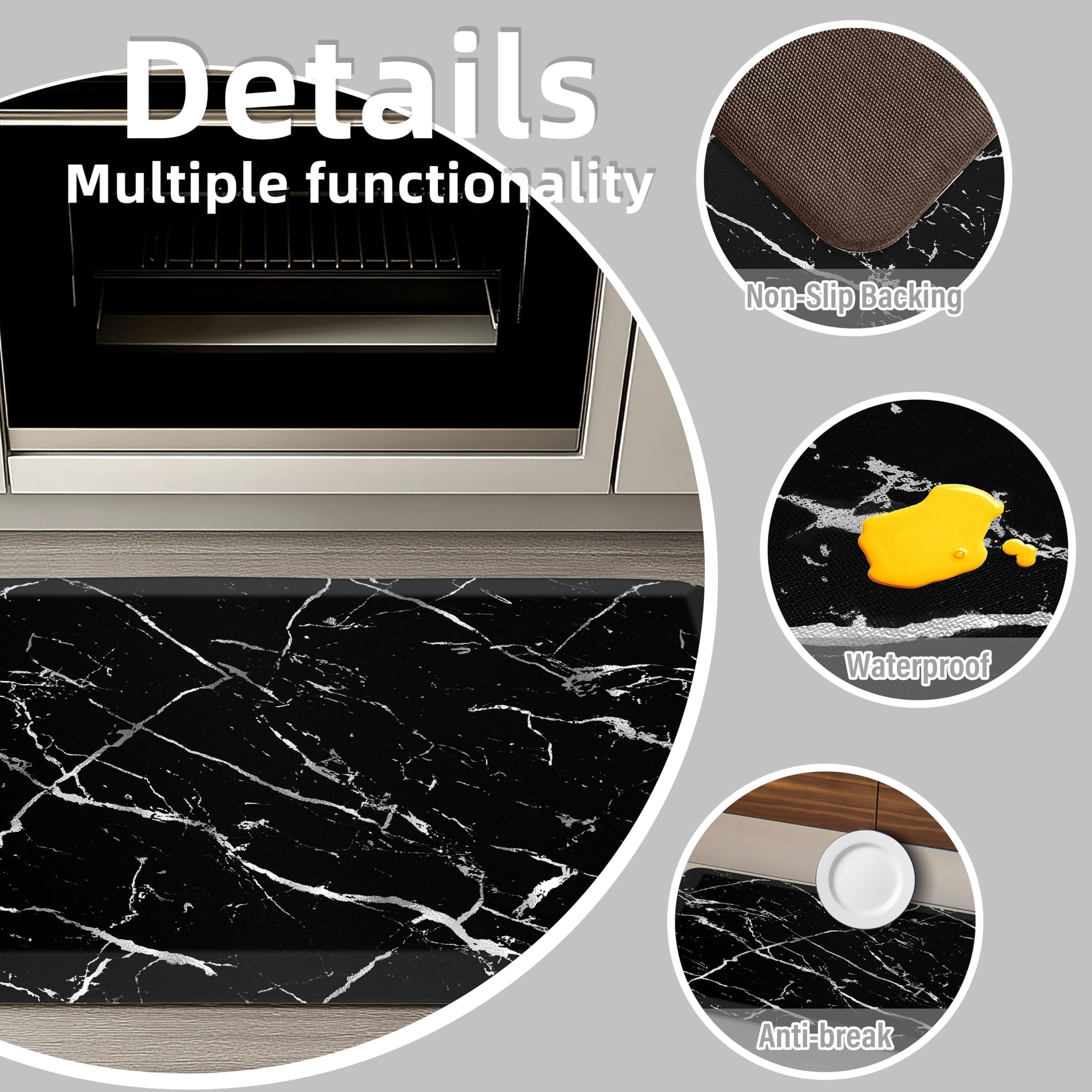 Premium Silver Metallic Anti-Fatigue Kitchen Floor Mat - 1/2 Inch Thick Cushioned, Non-Slip & Waterproof - 17.3
