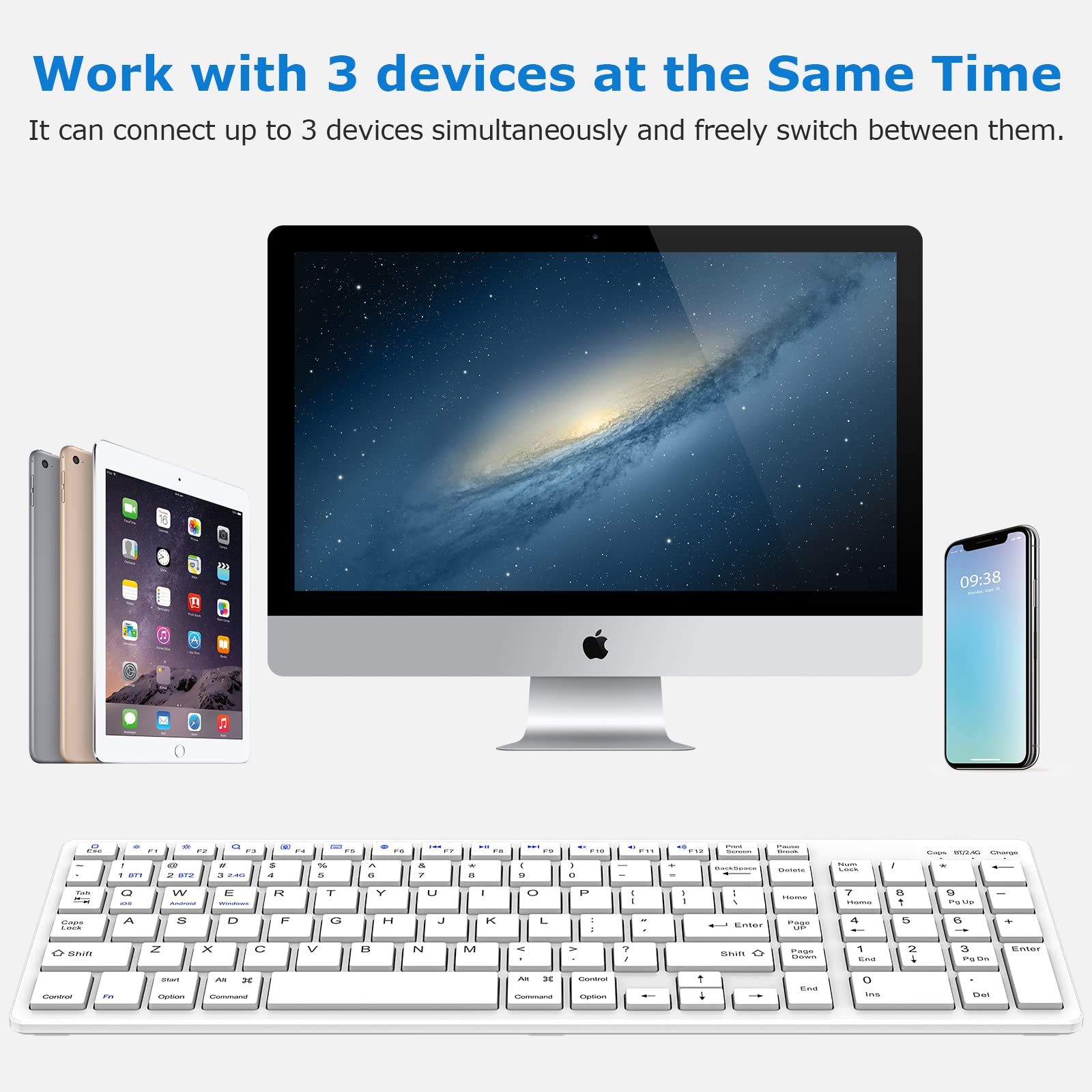 Wireless Bluetooth Keyboard with Number Pad - Full-Size Quiet Computer Keyboard for iPad 10.2 (9th/8th/7th Gen), iPad Air 5th/4th Gen, iPad Pro 11/12.9, iPad 10.5/9.7 & iPad Mini - 2.4G Wireless & Bluetooth Dual Mode - White | Perfect for Office, Home & Travel Use