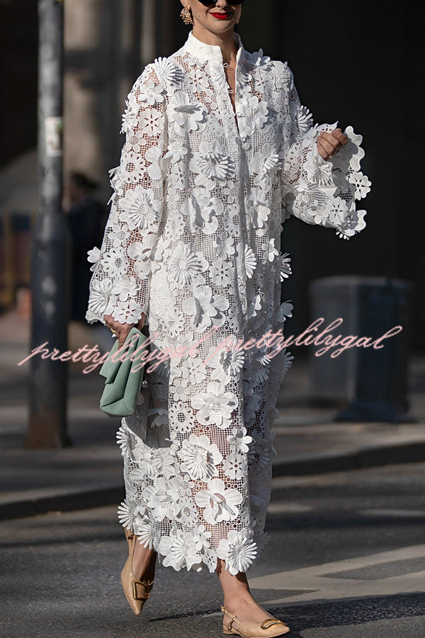 Elegant Solid Color Hollow Embroidery Loose Long Sleeve Midi Dress for Women - Perfect for Casual Outings, Date Nights & Summer Vacations