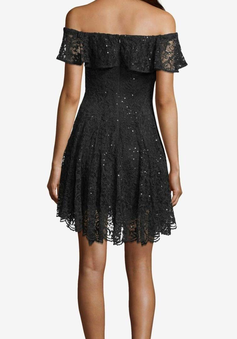 Betsy & Adam Women's Black Lace Short Sleeve Off-Shoulder Mini A-Line Party Dress - Size 6 | Perfect for Cocktail Parties, Date Nights & Special Occasions