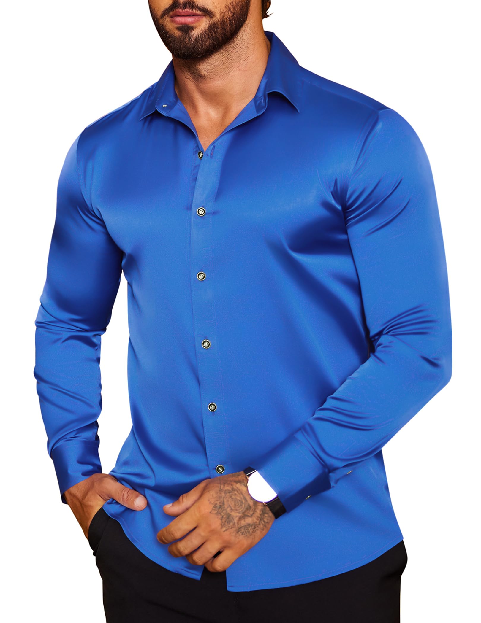 COOFANDY Men's Silk Satin Dress Shirt - Jacquard Floral Long Sleeve Button Up Shirt for Wedding, Prom, Party & Formal Occasions | Elegant Business & Evening Wear